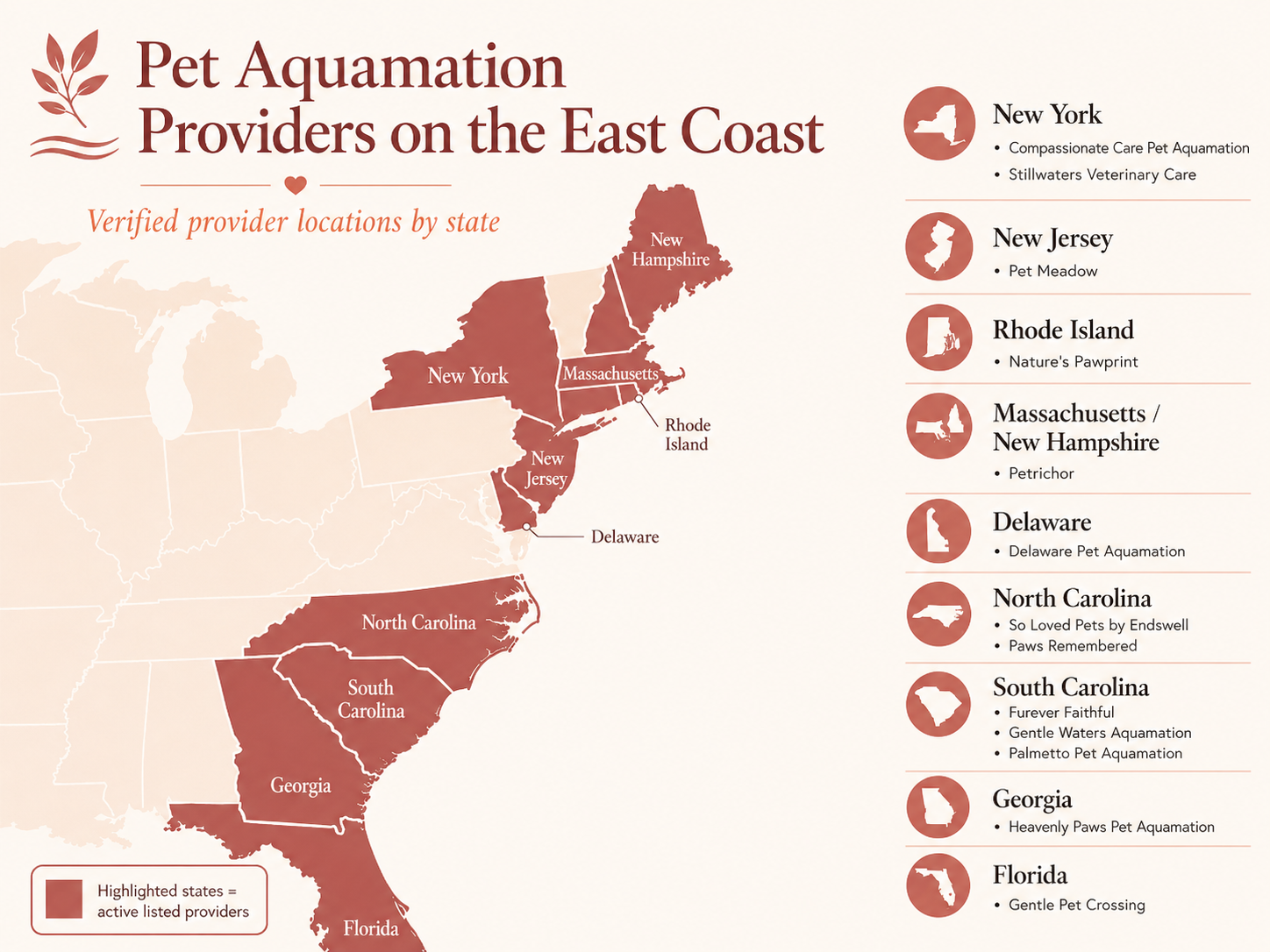 Map of East Coast pet aquamation providers by state