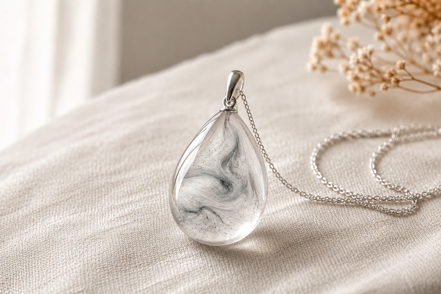 Hand-blown glass memorial pendant with cremation ash swirled into the glass, shown on a neutral linen surface