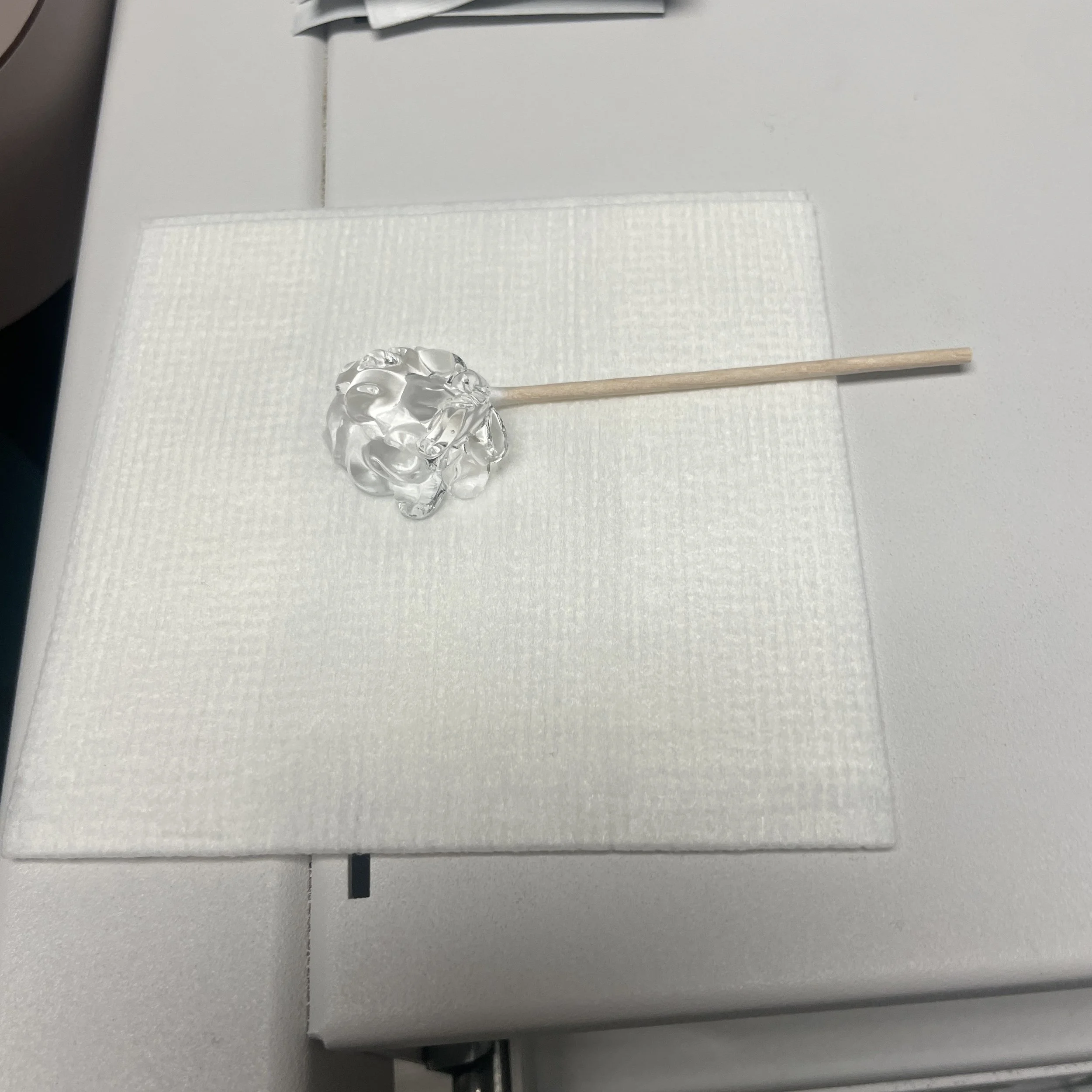 A clear plastic lion-shaped lollipop on a wooden stick resting on a white textured surface.