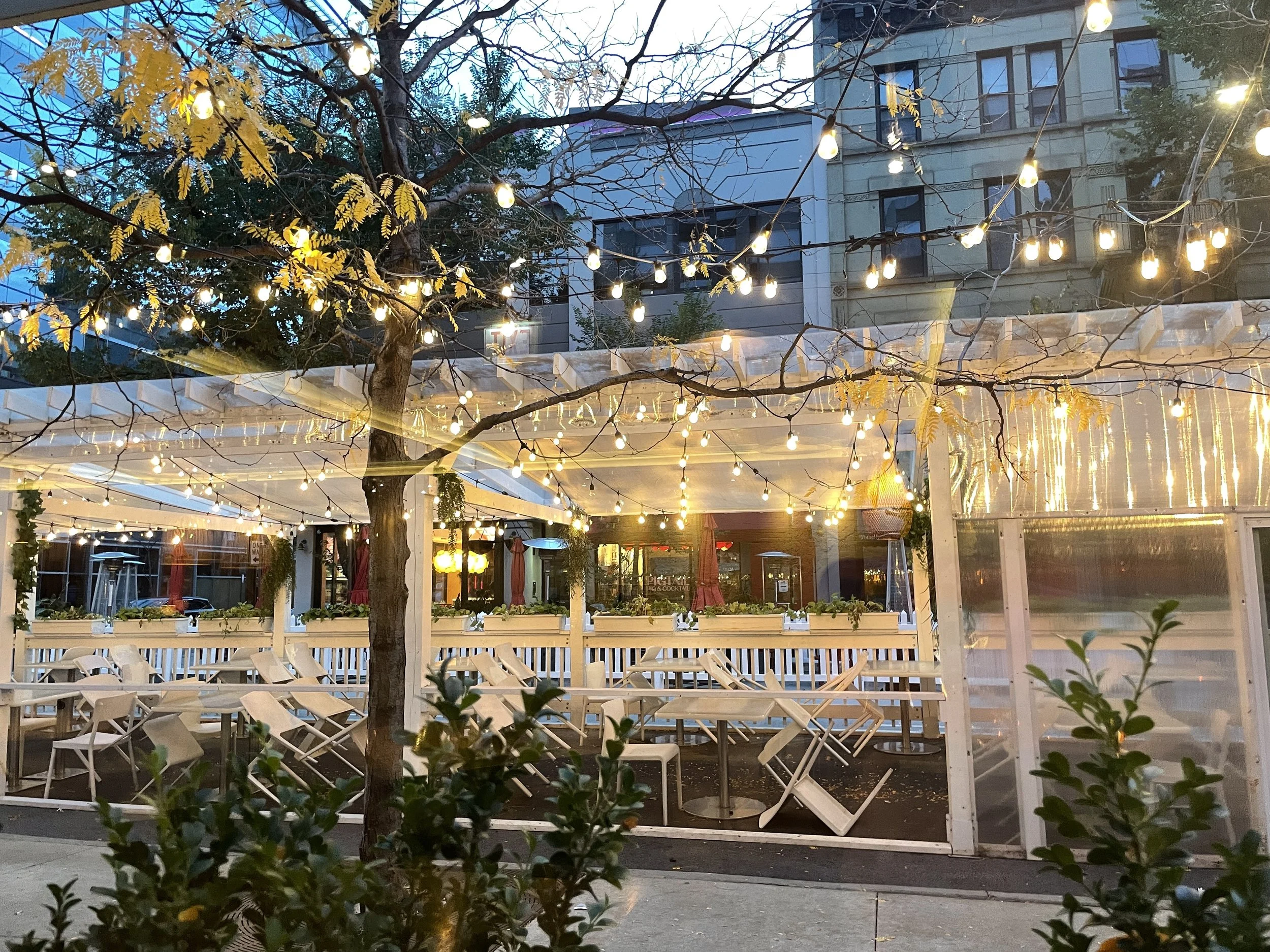 An outdoor seating area of a restaurant or cafe decorated with string lights, with chairs and tables, some of which are overturned. There is a tree with yellow leaves and a canopy overhead, with buildings in the background during dusk or early evenin