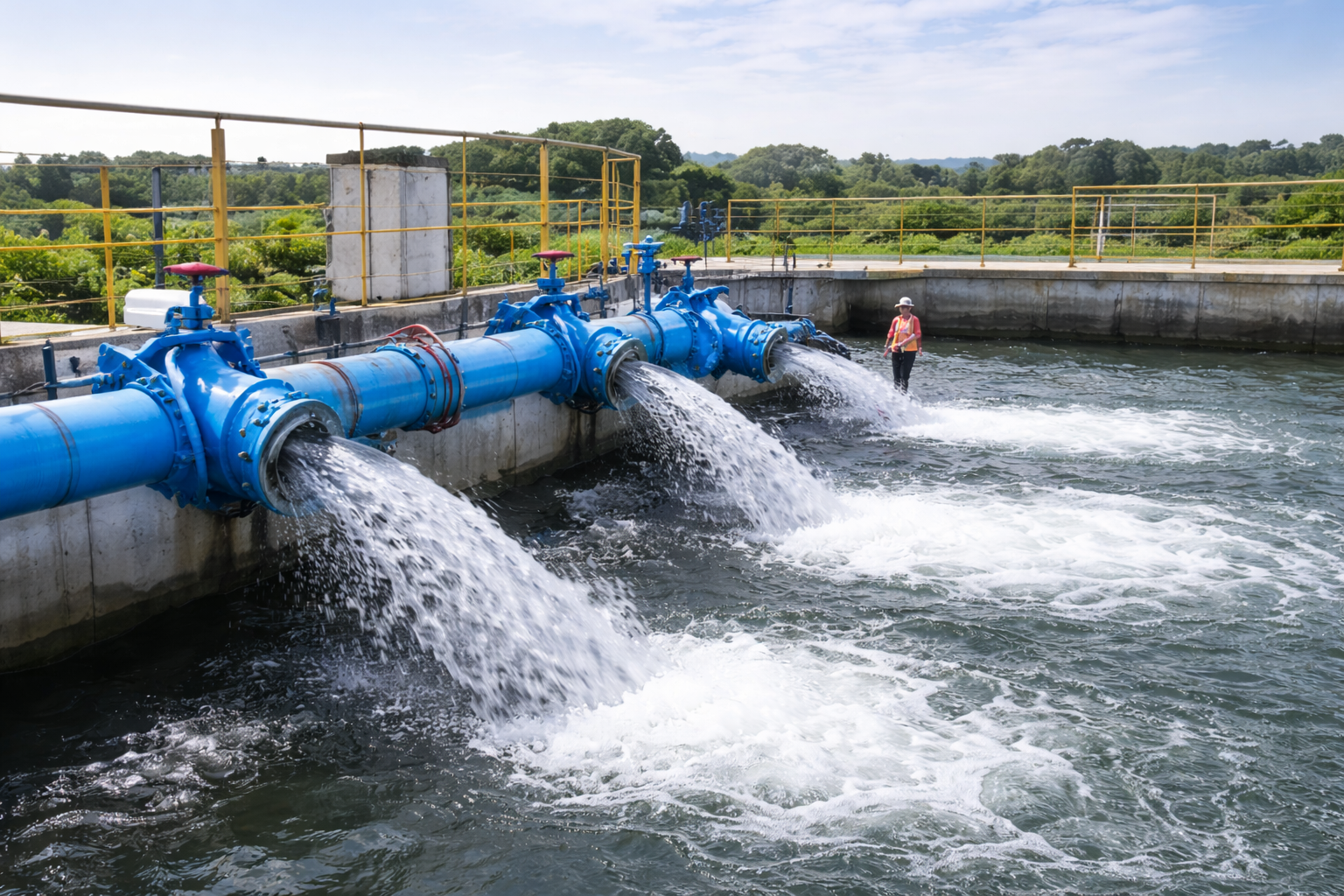 Industrial water supply and distribution pipeline system with Sant valves installed for flow control in municipal water infrastructure