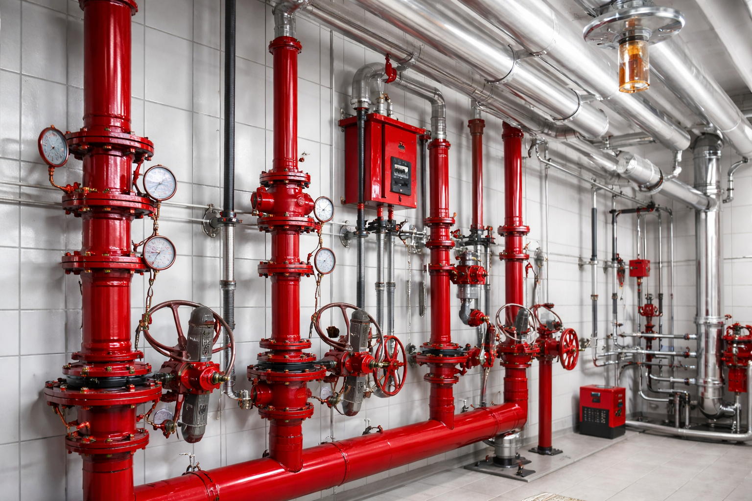Fire protection and sprinkler piping network using industrial valves for reliable fire safety and emergency water control
