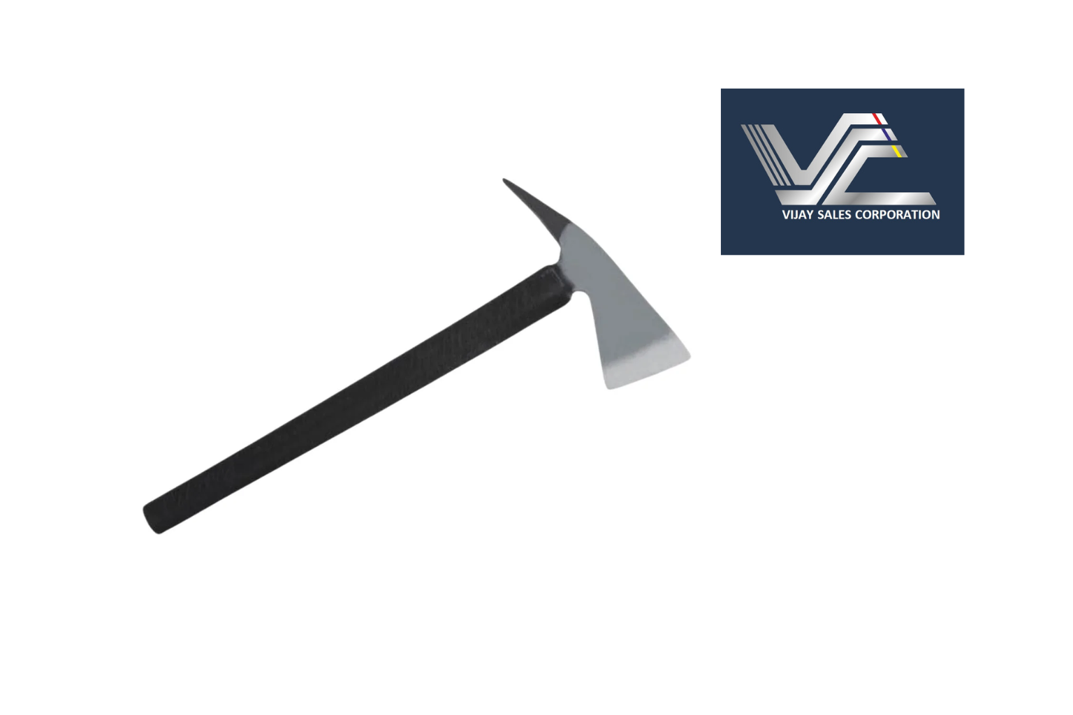 A hammer with a black handle and a metal head, positioned diagonally. A logo of Vijay Sales Corporation is present in the top right corner of the image.