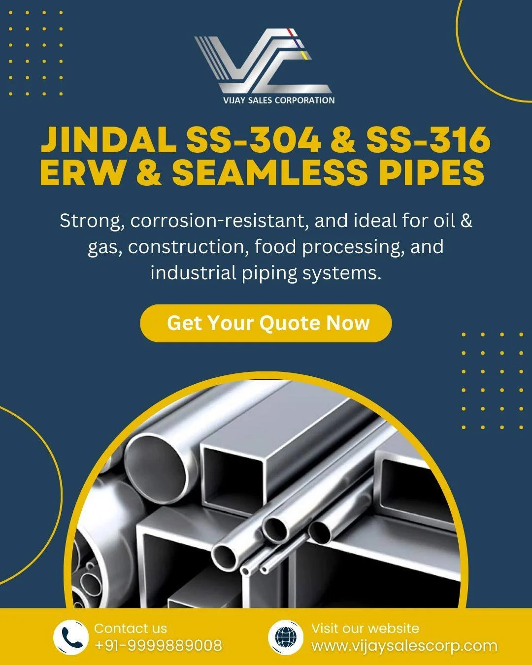 Upgrade your projects with premium Jindal SS-304 &amp; SS-316 ERW &amp; Seamless Pipes 💪
Engineered for strength, corrosion resistance, and long-lasting performance across industries like oil &amp; gas, construction, and food processing.

🌐 Visit: 