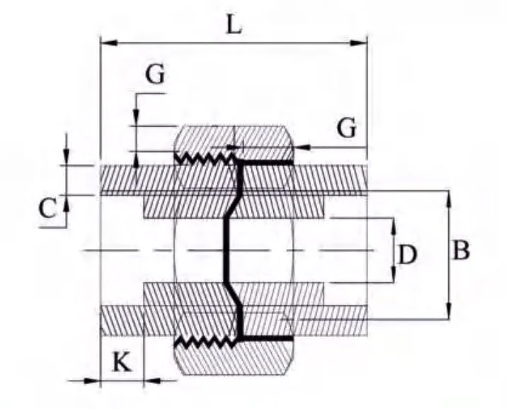 Technical drawing of a threaded coupling connector with labeled dimensions including L, G, C, K, B, and D.