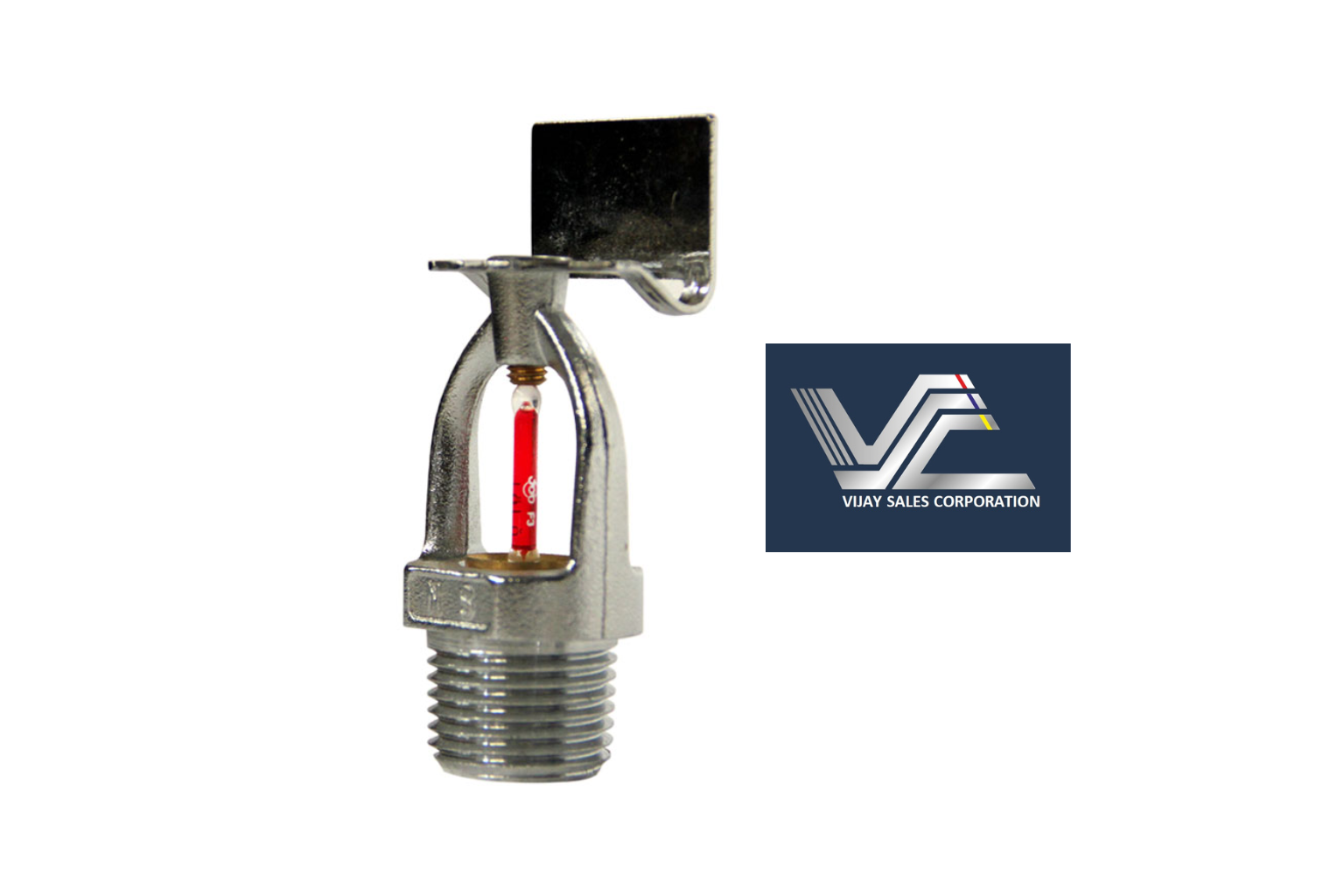 A close-up of a metallic sprinkler with a red indicator, positioned next to the Vijay Sales Corporation logo.