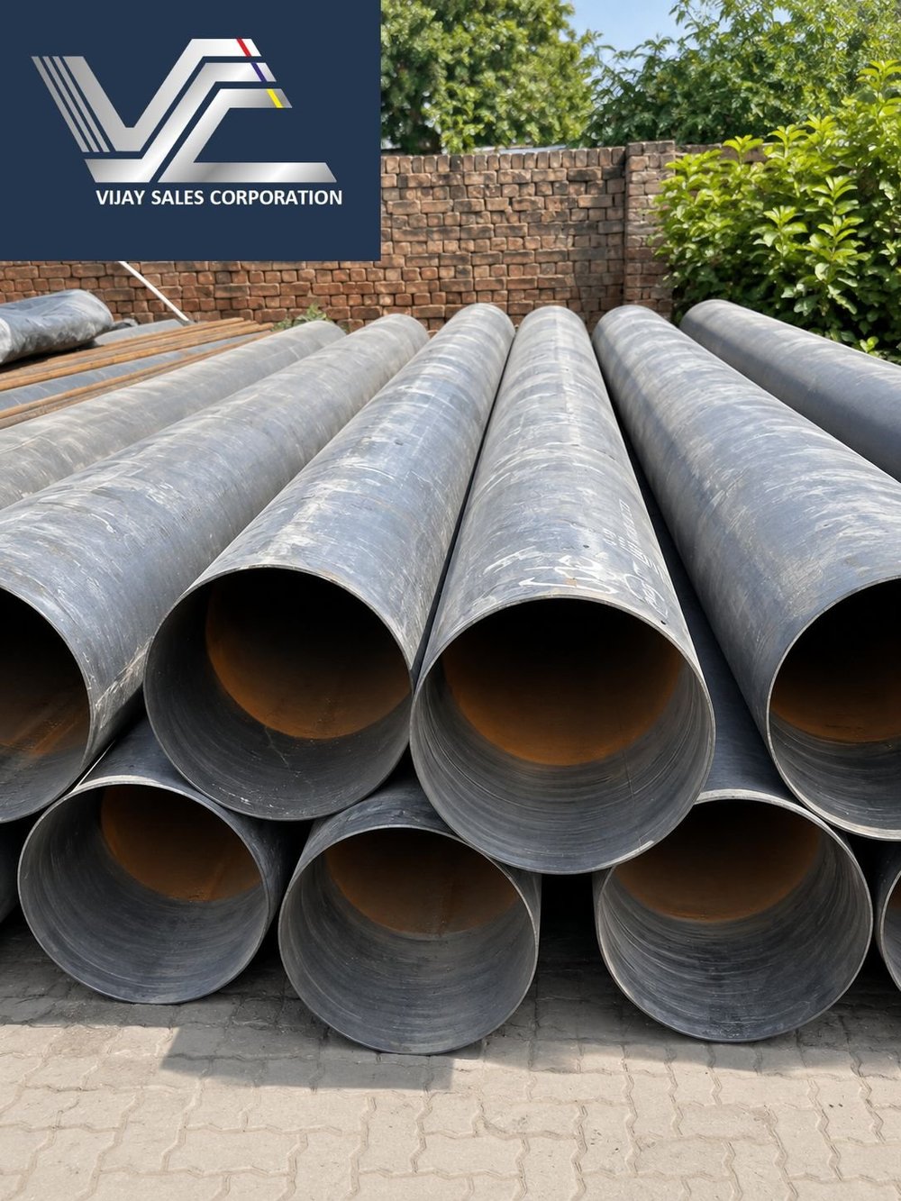 PRAKASH SURYA mill marking with the ISI Standard Mark, the IS:3589 standard reference and heat, batch and BIS licence numbers stencilled on a large-diameter steel pipe.