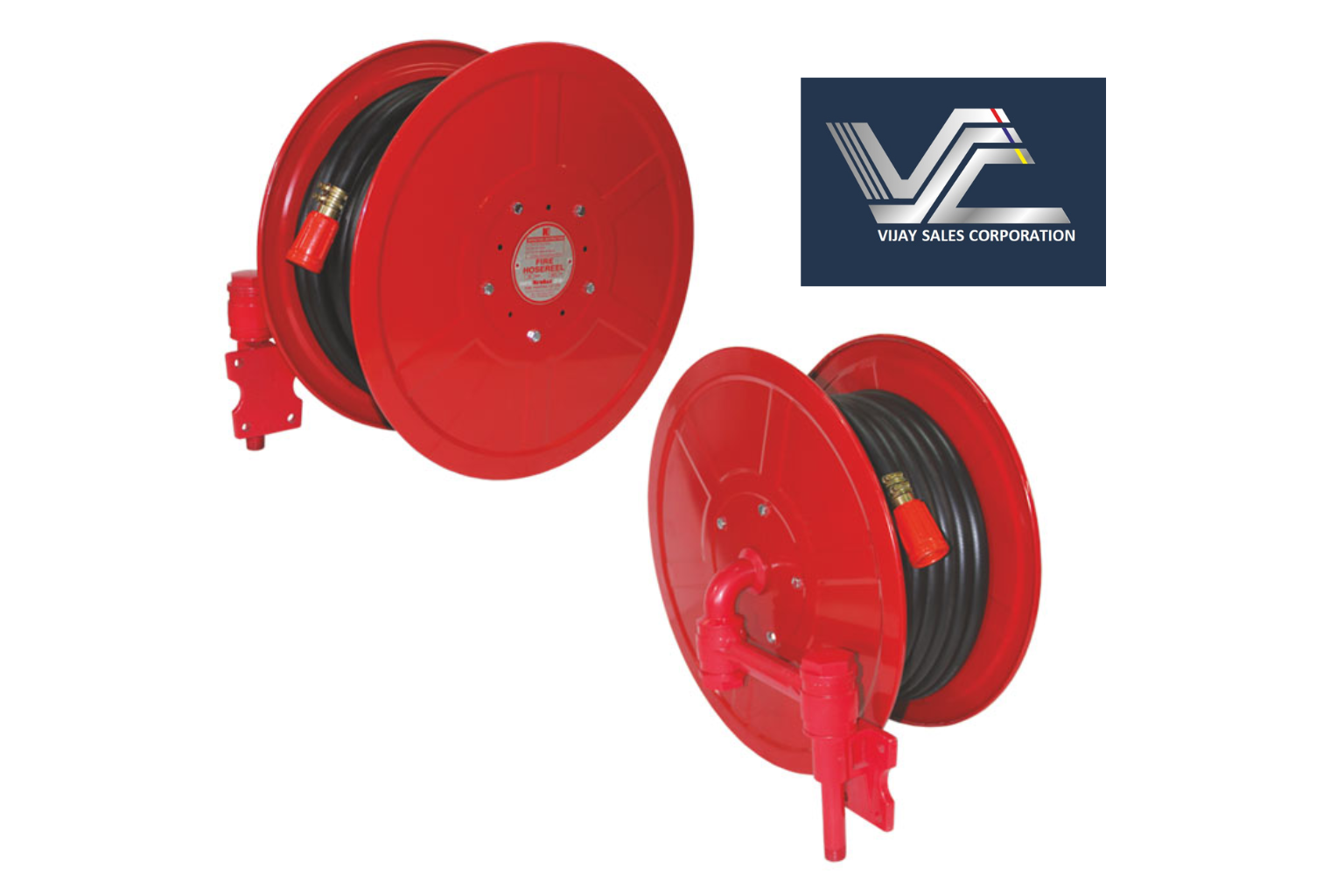 Two red fire hoses on reels, one with a black hose and the other with a red hose, against a white background. A Vijay Sales Corporation logo is in the upper right corner.