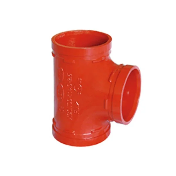 Red pipe fitting with a T-shape design for plumbing or industrial use.