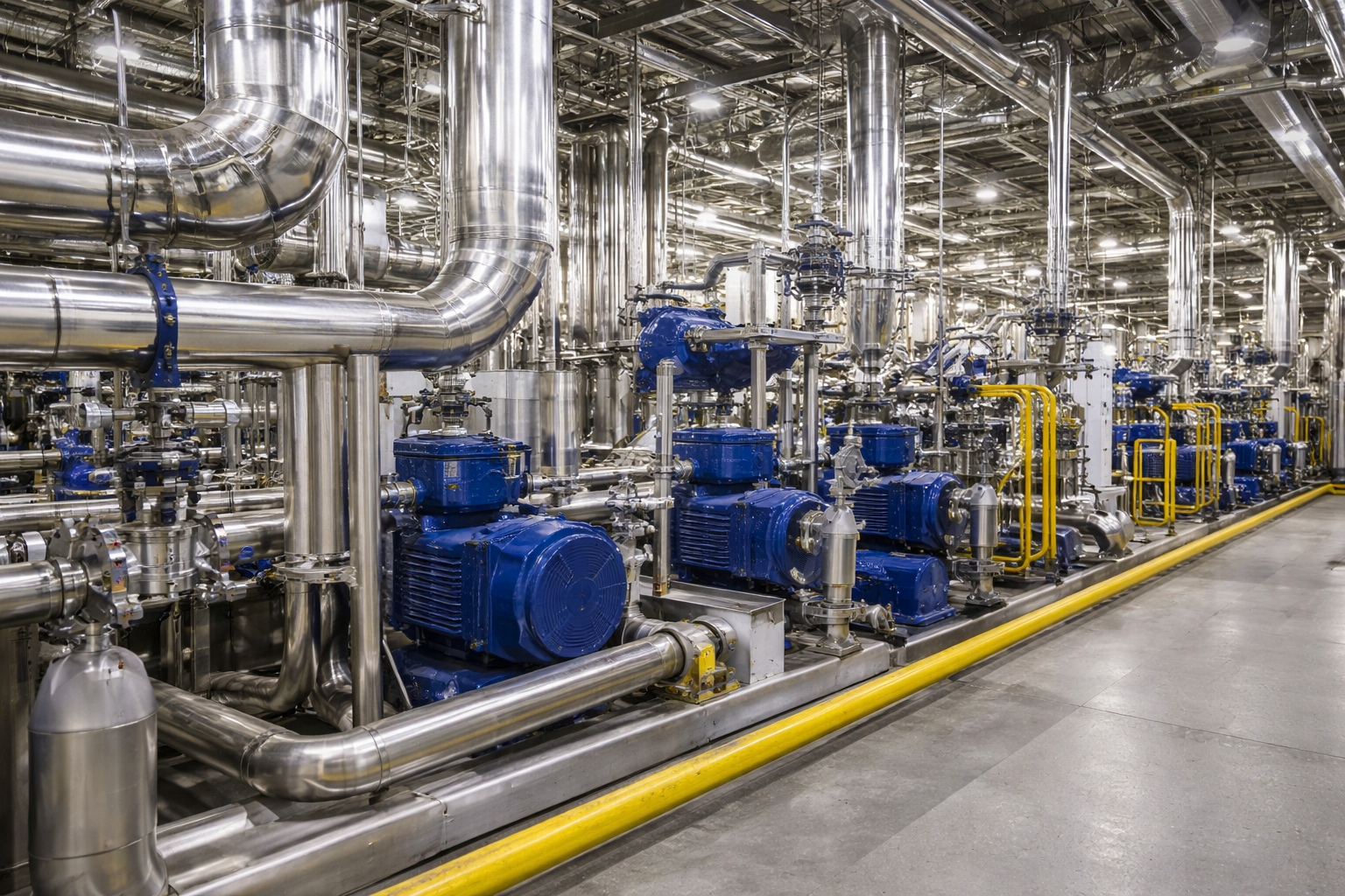 Industrial process plant with mechanical piping, pumps, and Sant valves used for process flow control in manufacturing facilities