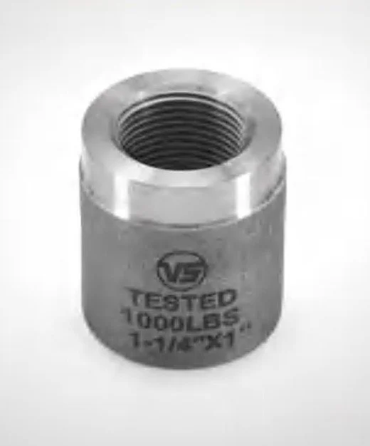 Metal threaded pipe fitting with text "TESTED 1000LBS 1-1/4'X1'".