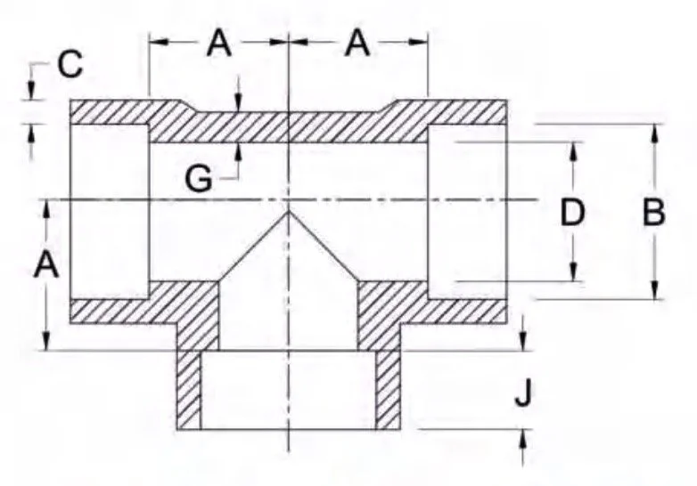 Technical drawing of a pipe fitting with dimensions labeled A, B, C, D, G, and J, showing a cross-sectional view with various measurements indicated.