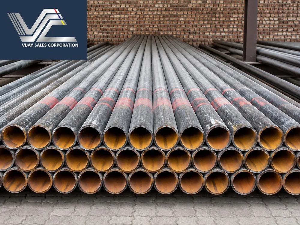 Large-diameter black steel pipe stacked three tiers high at the Vijay Sales Corporation yard in Delhi, each length carrying paired colour bands applied at the mill.