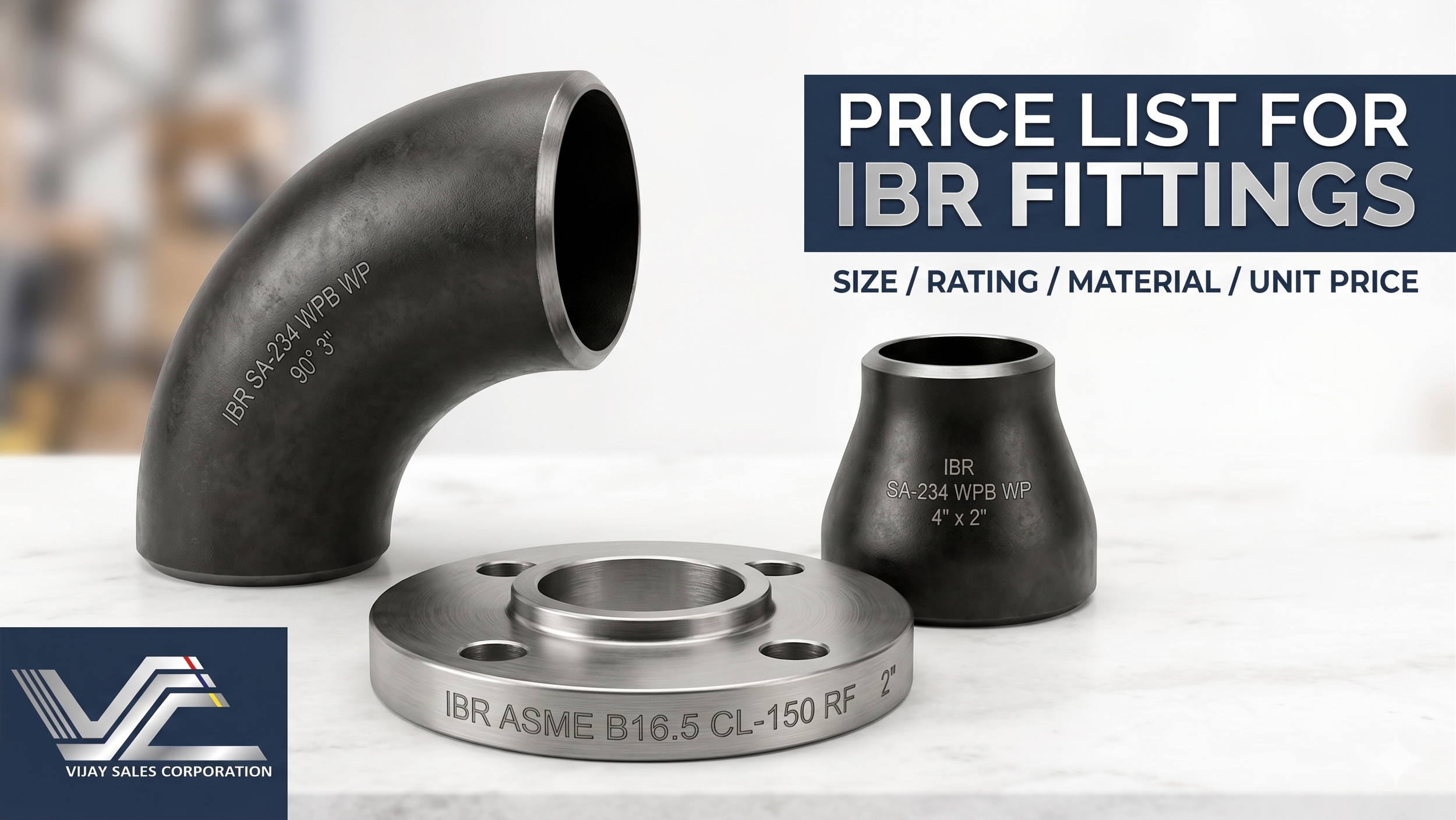 IBR pipe fittings — CS seamless butt welded elbow, concentric reducer (ASTM SA-234 WPB) and ASA 150# raised-face flange, ready stock at our Delhi warehouse