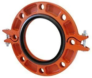 Mechanical grooved pipe coupling with orange housing and bolt clamps