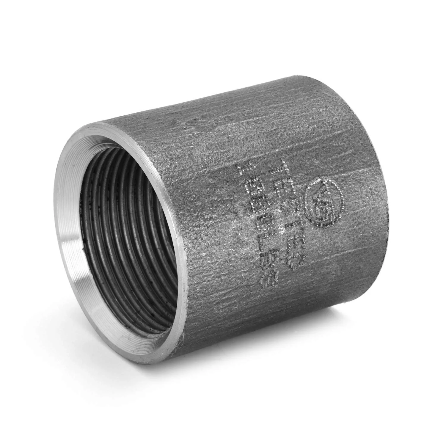 Black steel pipe coupling with threaded interior, isolated on white background.
