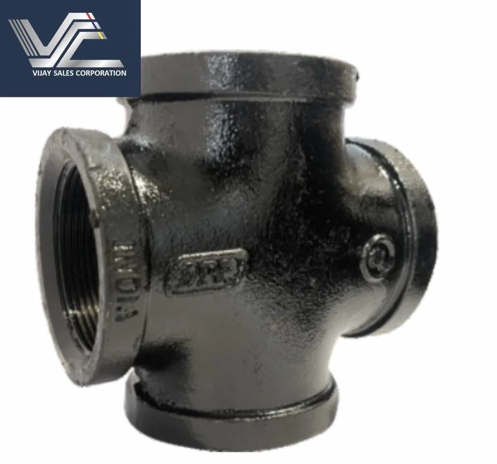 Black cast iron four-way pipe fitting with threaded ends, featuring a logo and text, used for plumbing or industrial purposes.