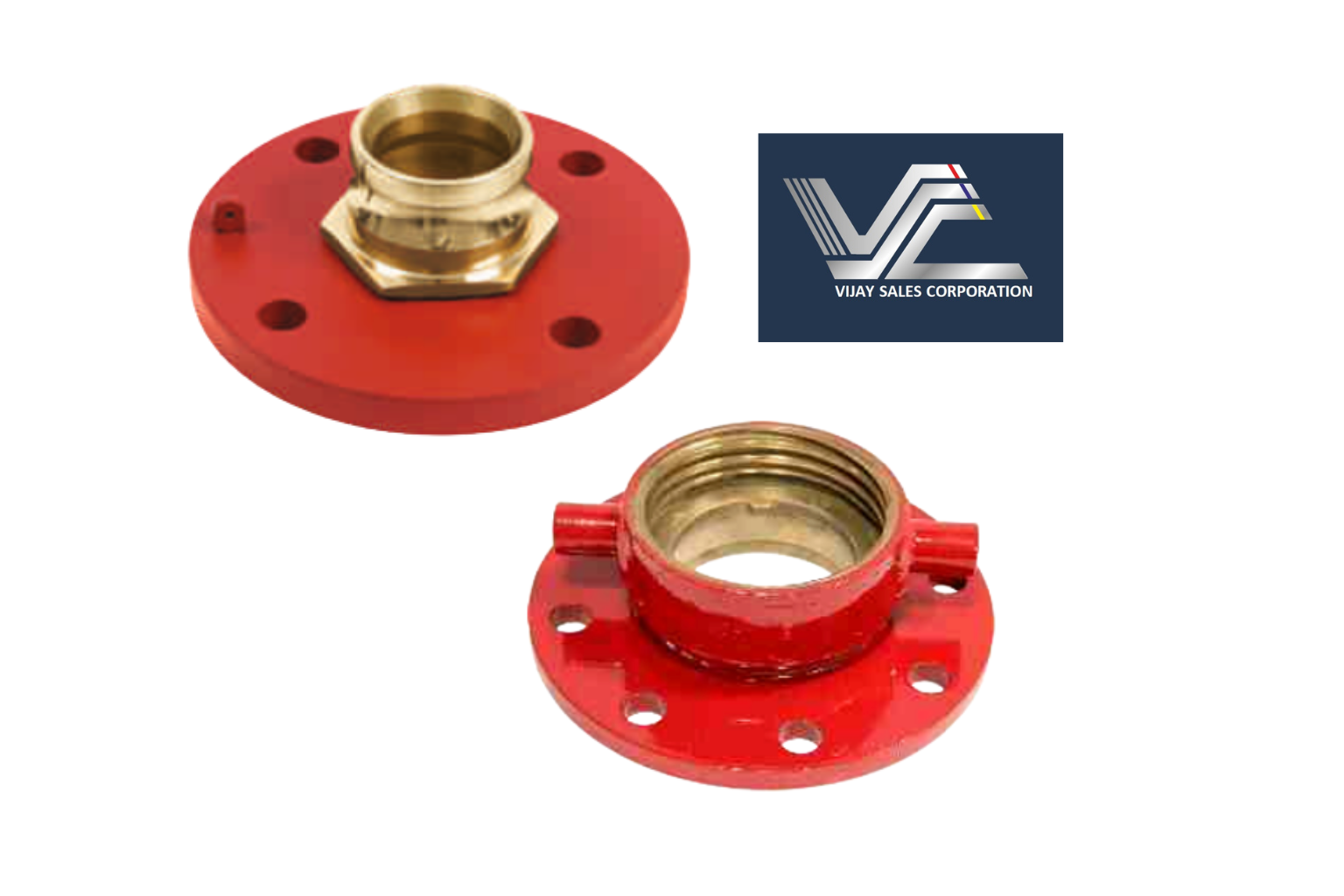 Two red and gold pipe fittings, one with a hexagonal nut on top, and a blue logo of Vijay Sales Corporation.