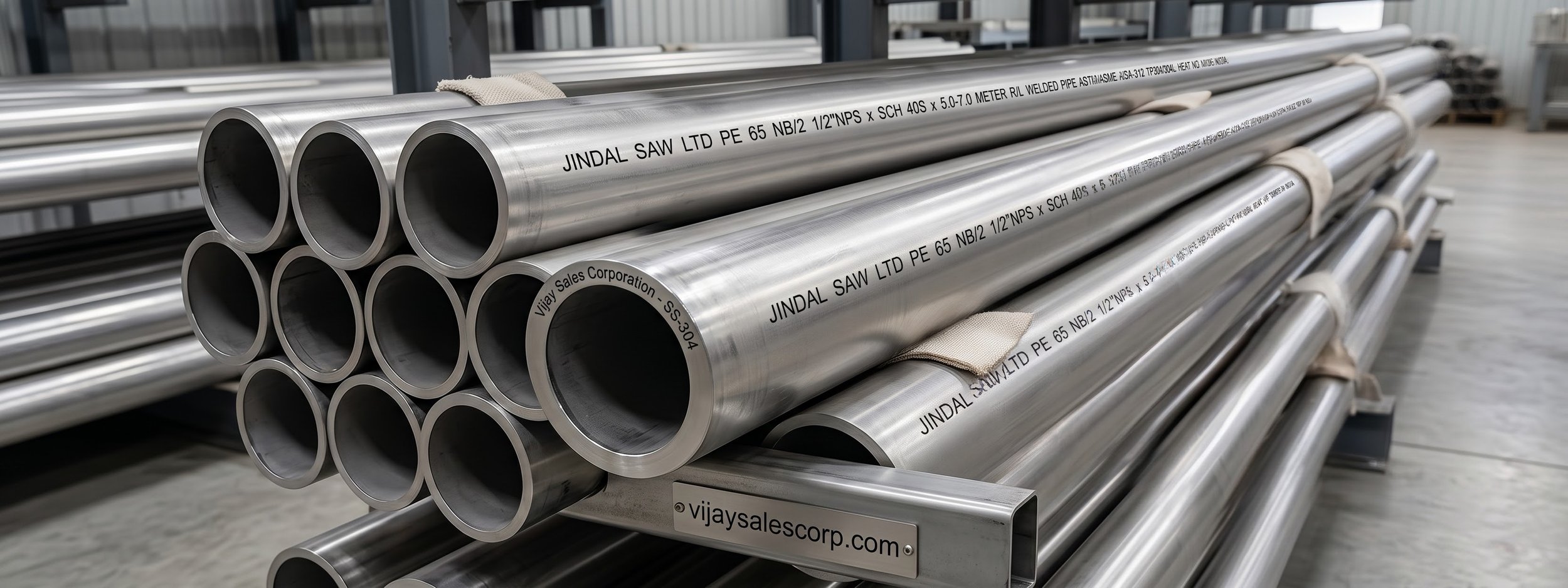 Jindal SS 304 ERW and seamless stainless steel pipes — ASTM A312 SS-304/SS-304L, ready stock at our Delhi warehouse
