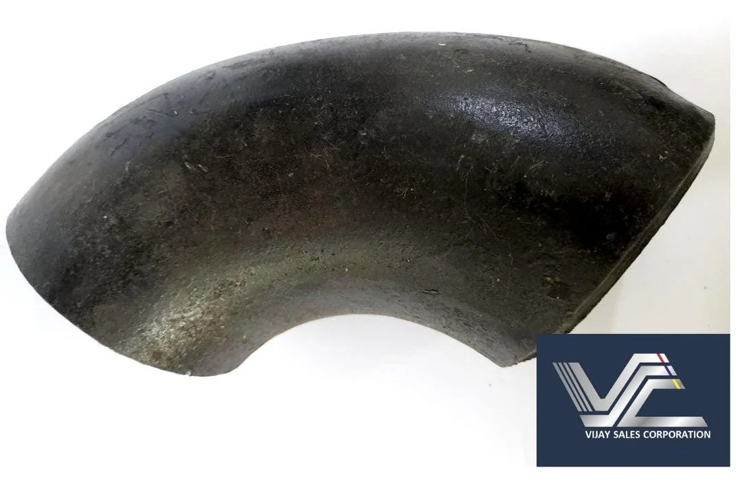 Black metal pipe elbow fitting with industrial logo for Vijay Sales Corporation.