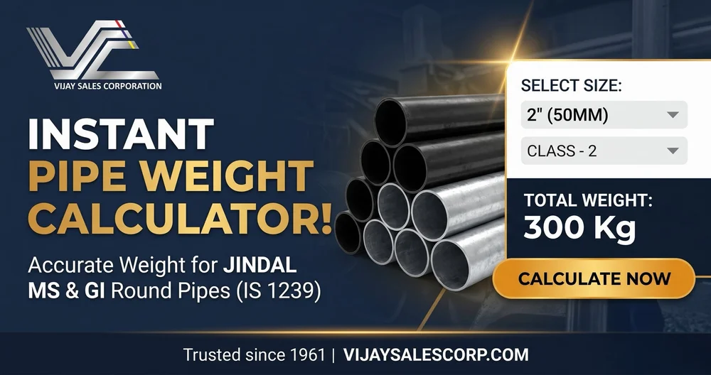 VSC Instant Pipe Weight Calculator showing a sample calculation for 2-inch (50mm) Jindal MS pipe at Class 2 totalling 300 kg per IS 1239