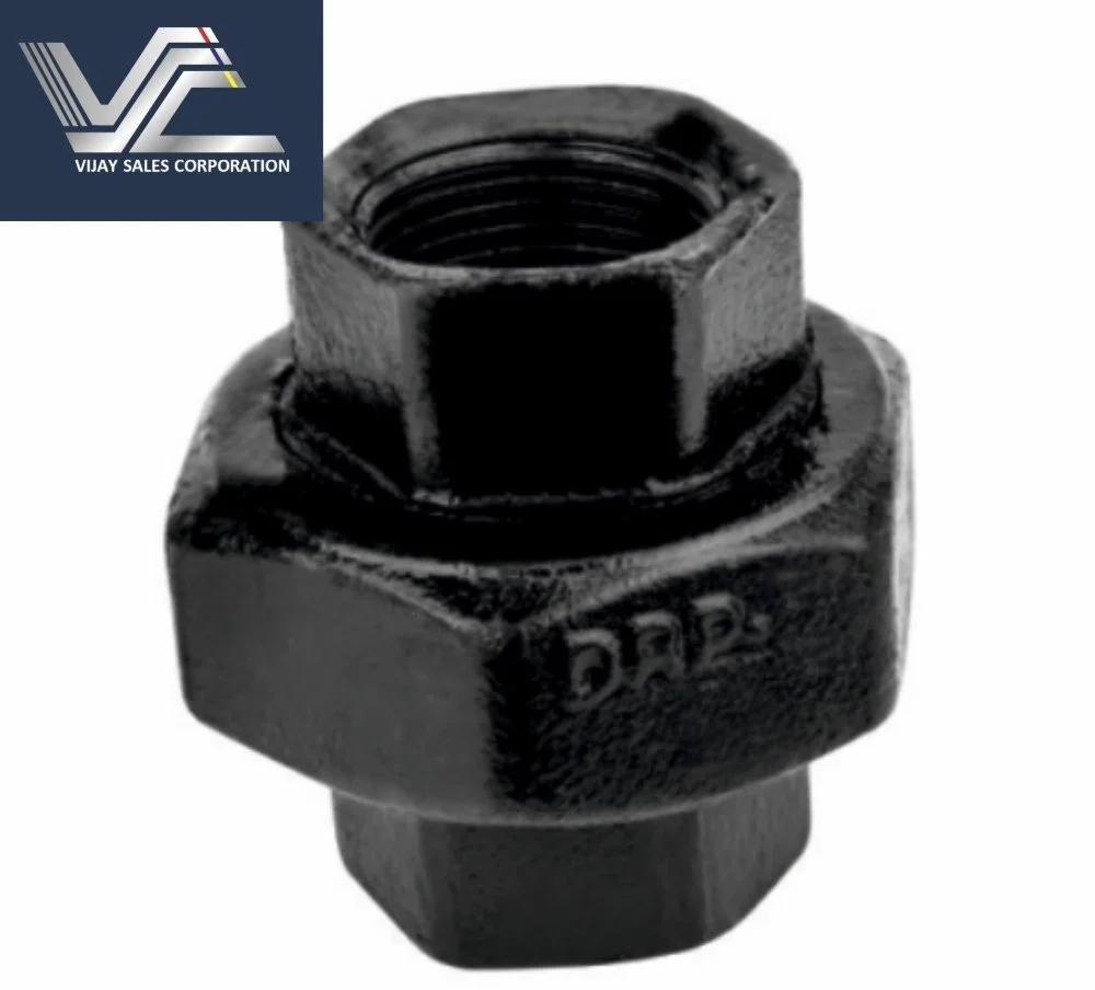 Industrial pipe coupling fitting with hexagonal shape and Vijay Sales Corporation logo in the corner.