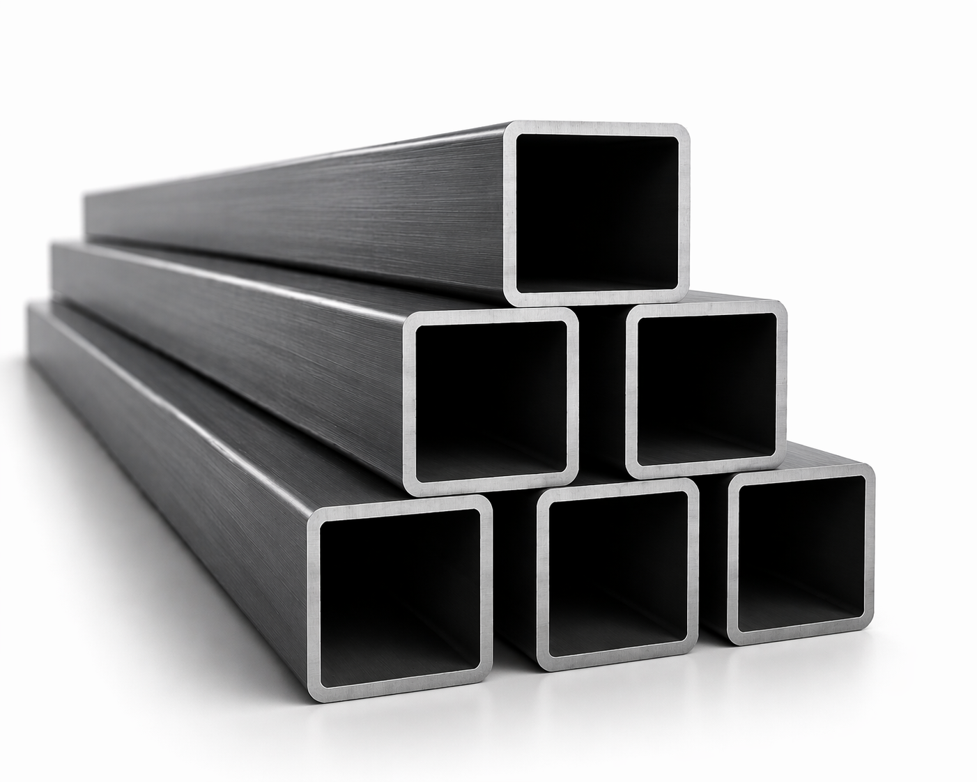 Five metal square tubes stacked in a pyramid shape with a brushed finish, black interior, and rounded edges.