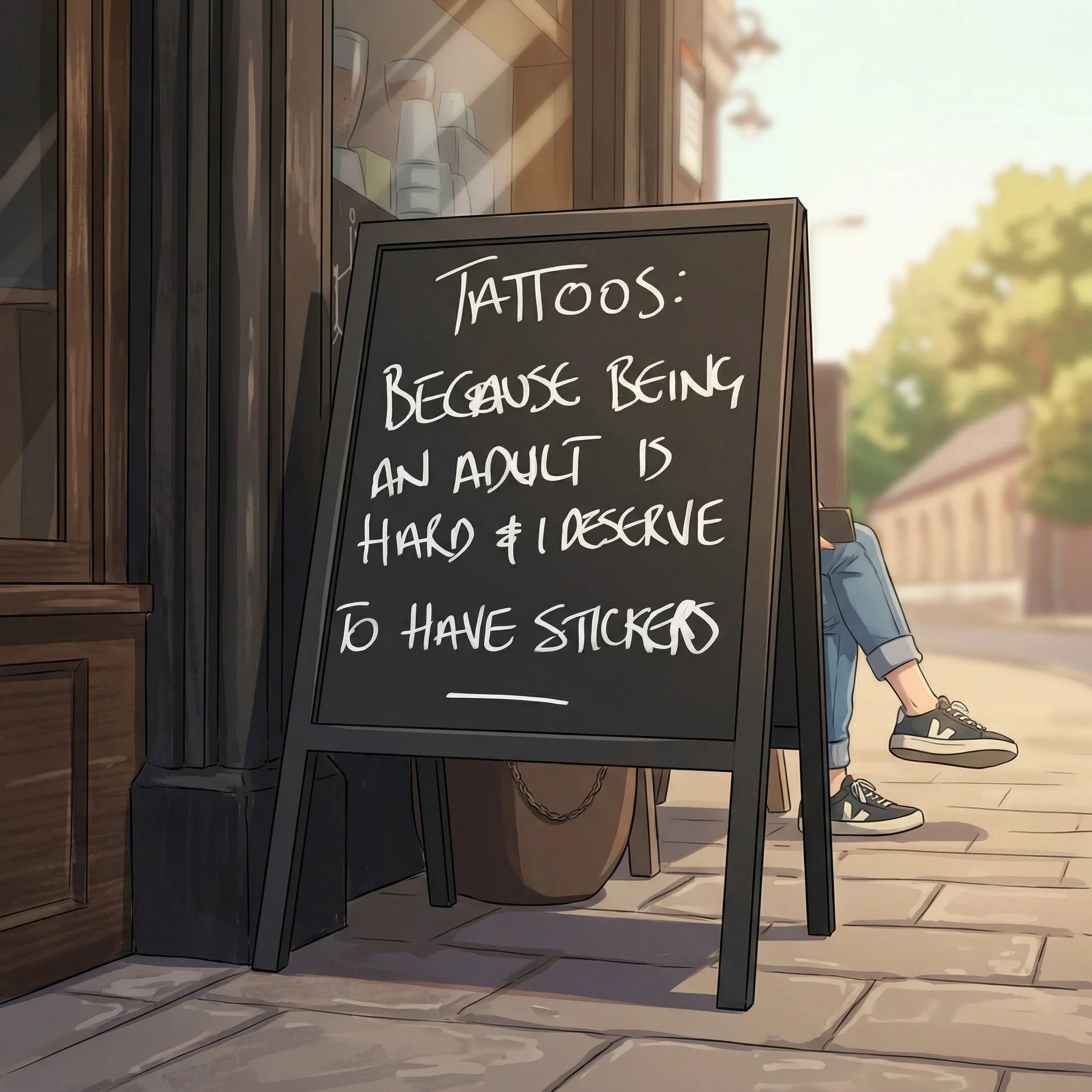 A chalkboard sign outside a tattoo parlor, with handwritten text about getting tattoos because being an adult is hard and they enjoy having stickers.