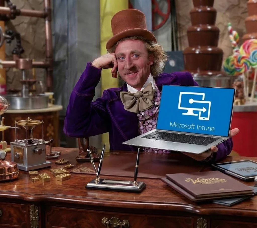 Willy Wonka with Intune on a laptop