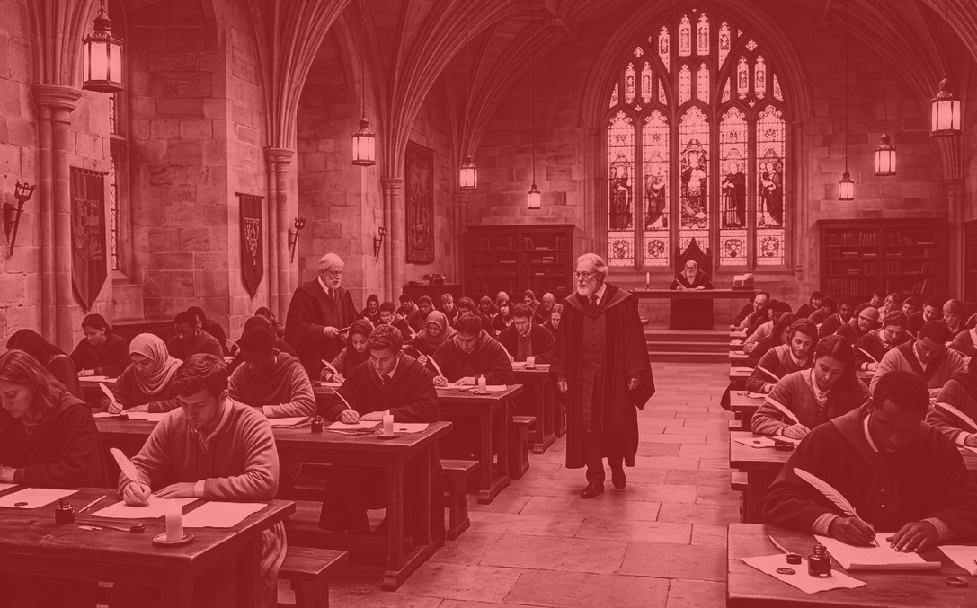 A silly image of a exam in a gothic hall definitely not associated with any copyrighted franchise.