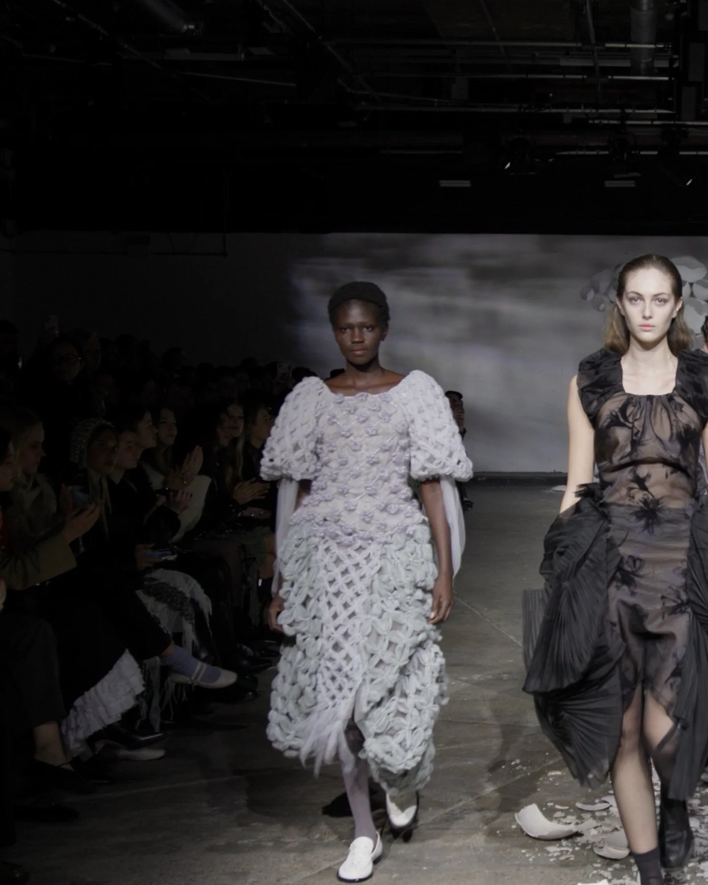 Walking on Eggshells @paulinedujancourt&rsquo;s show for NewGen @britishfashioncouncil at 180 The Strand was a collection shaped by witches and womanhood. Models walked the runway fracturing eggshells underfoot. A beautiful show produced by us 🩶
&nb