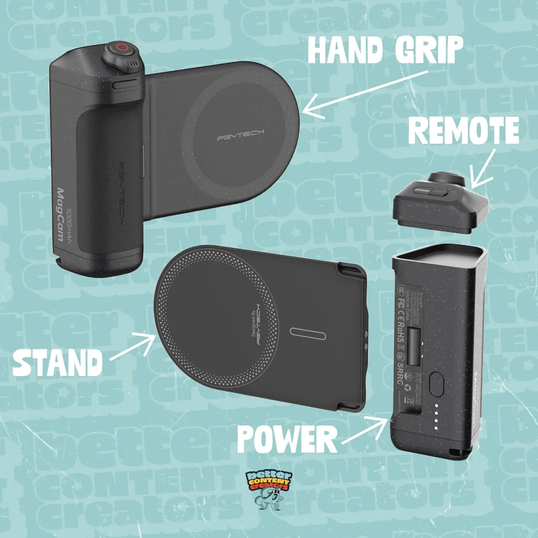 PGY Tech Mac Cam showing what each part does Remote, power and stand