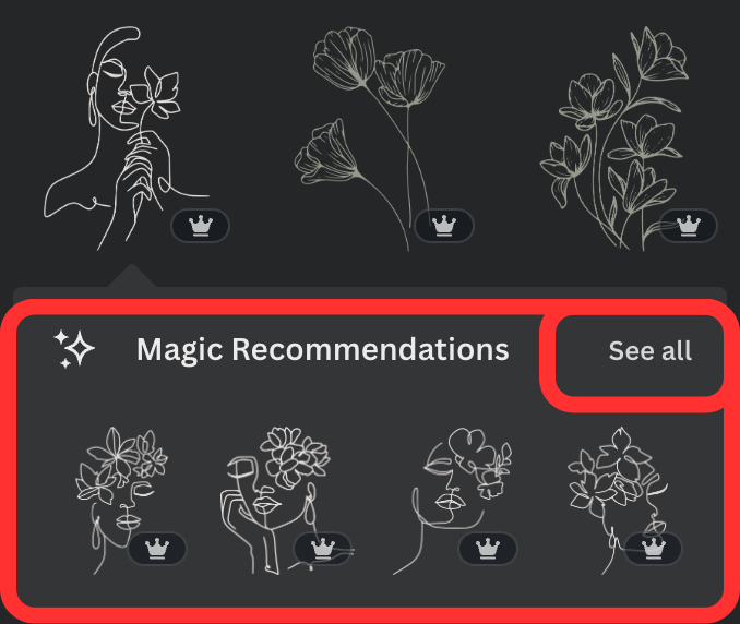 Canva Element Magic Recommendations Screenshot displaying similar elements to the one selected. In this case it is an outline of a face that has a minimal floral look to it