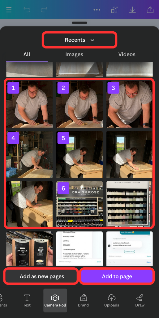 Selecting multiple images in Canva mobile app screen shot