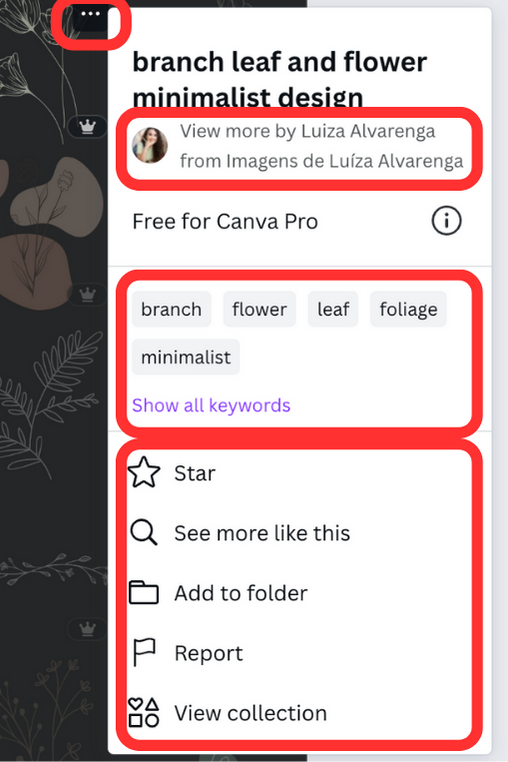 How to find the keywords of an element in Canva Screenshot. It also shows the menu options to save elements or find similar elements in Canva