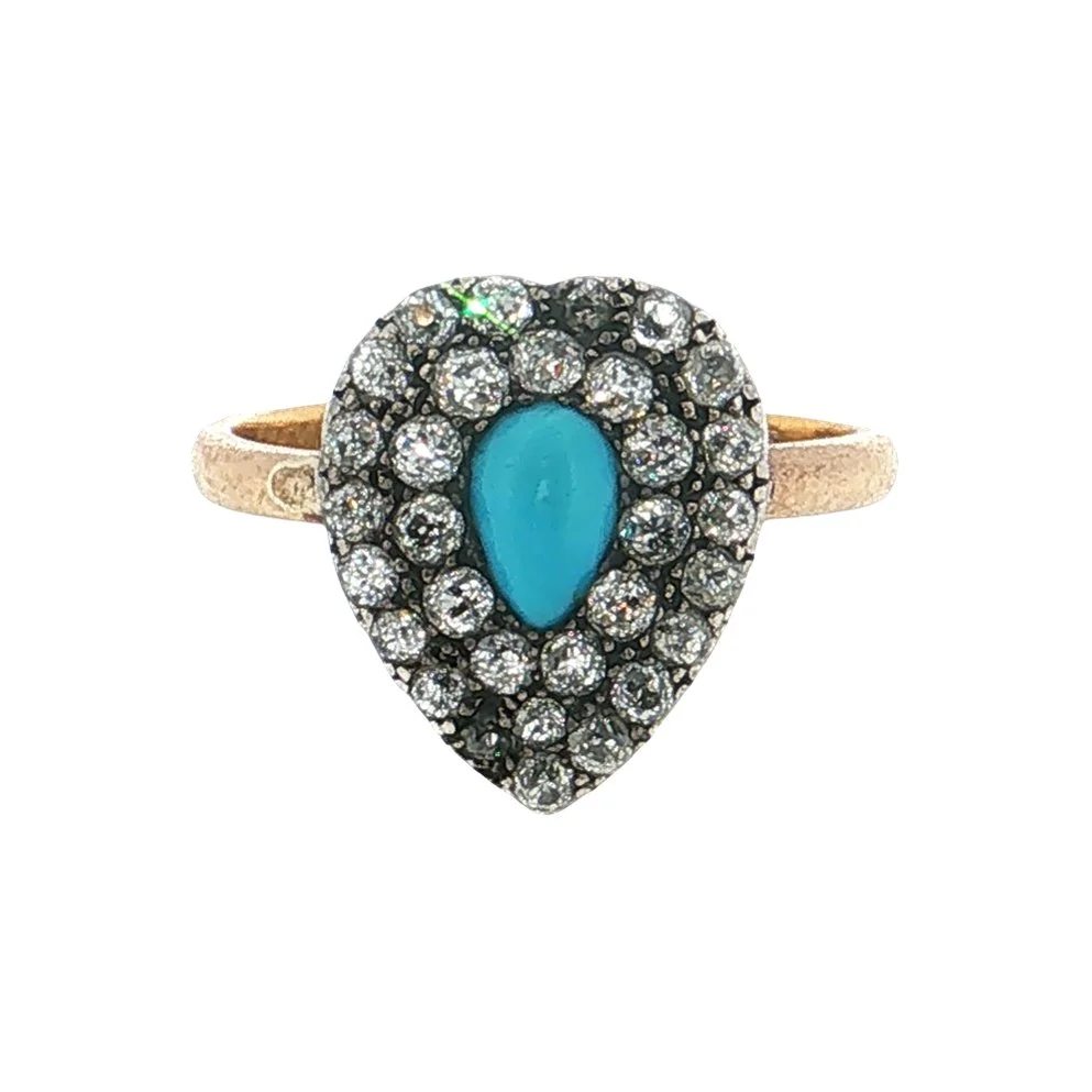 Victorian Turquoise and Diamond Heart Cluster Ring
