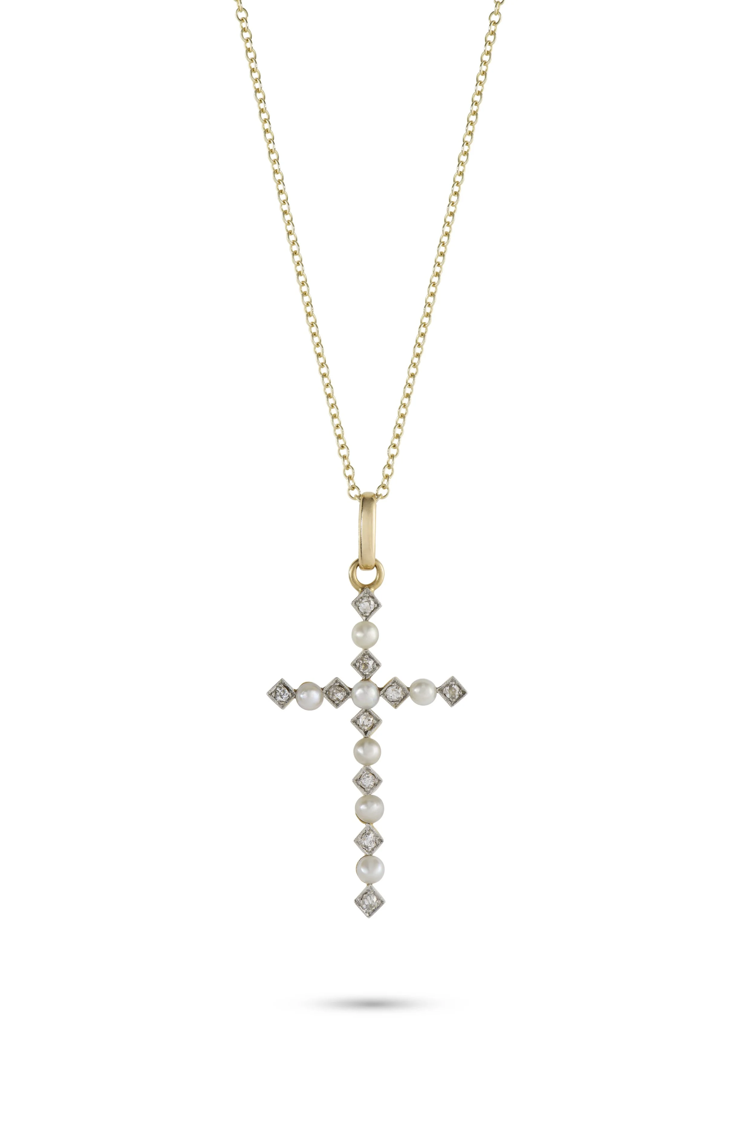 Early 20th Century Pearl and Diamond Cross Pendant