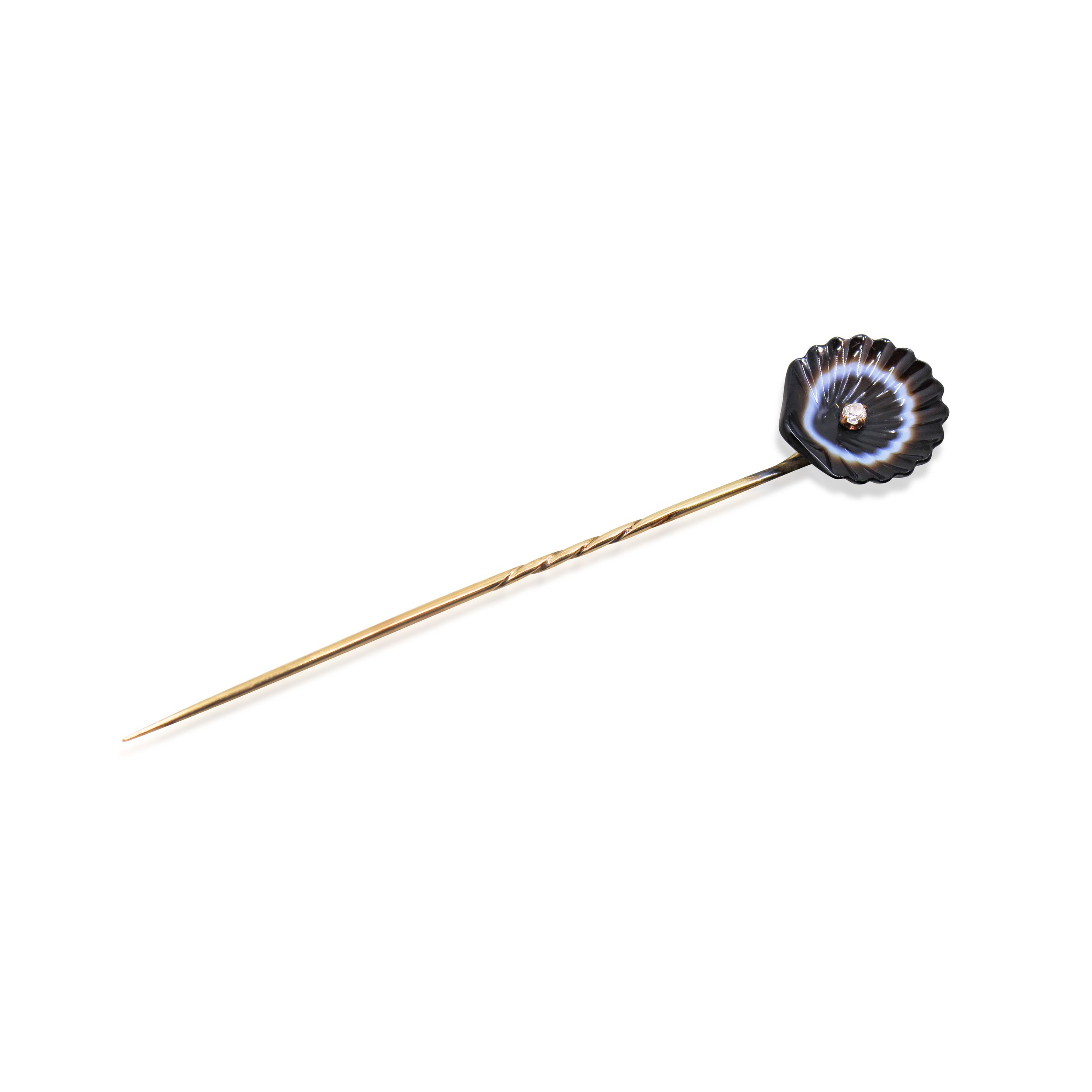Edwardian Banded Agate and Diamond Shell Stickpin