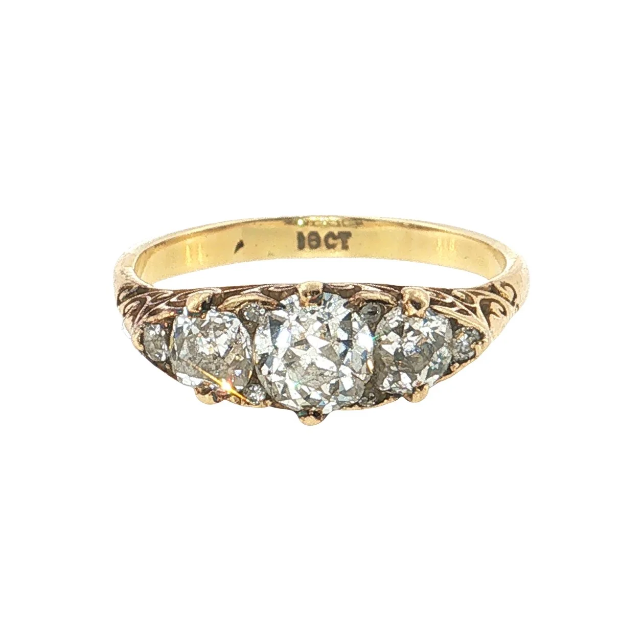 Victorian Diamond Three-Stone Carved Half-Hoop Ring
