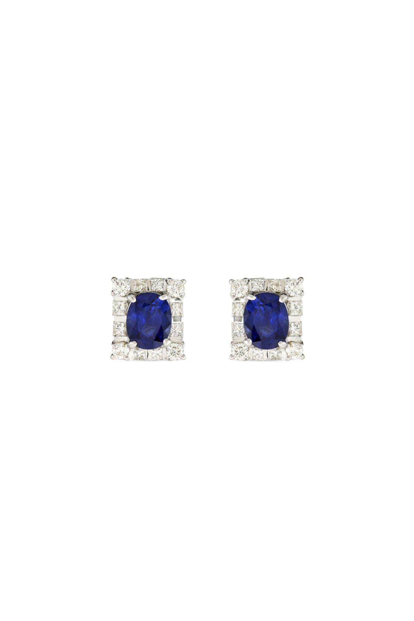 Pair of Sapphire and Diamond Square Cluster Earclips