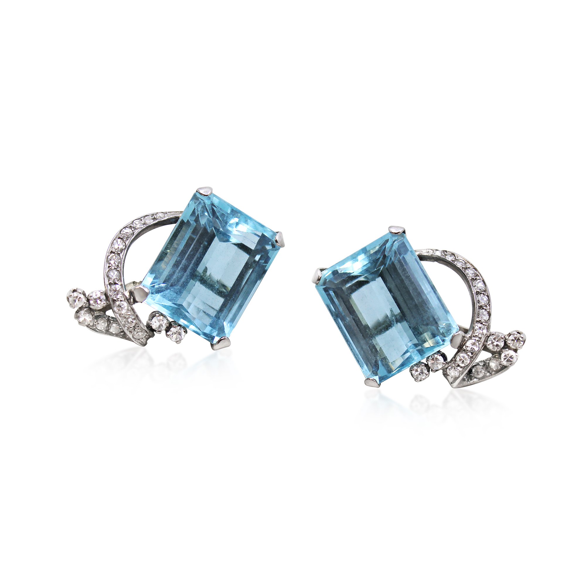 Pair of Mid 20th Century Aquamarine and Diamond Earrings