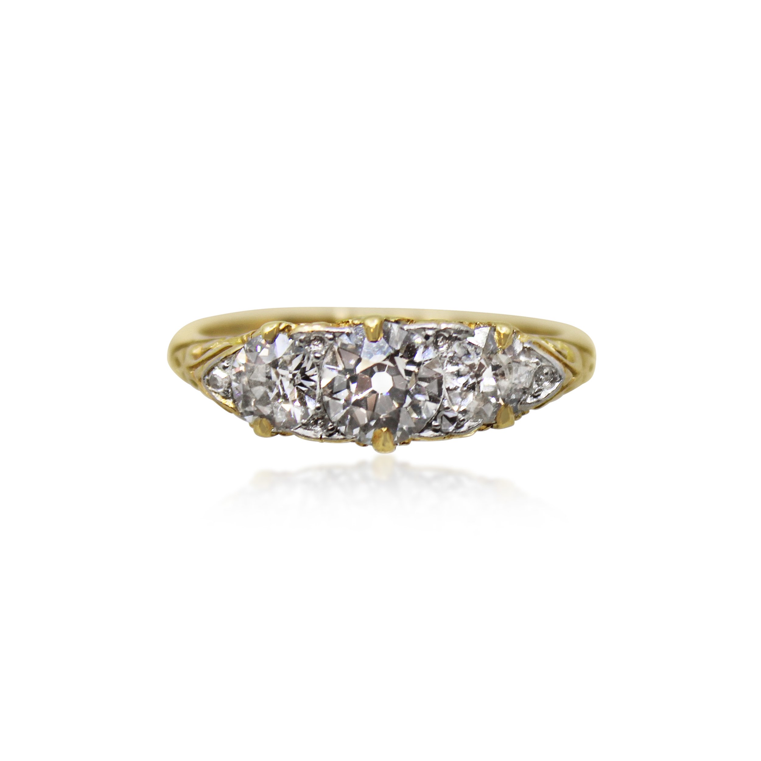 Antique Diamond Three-Stone Carved Half-Hoop Ring