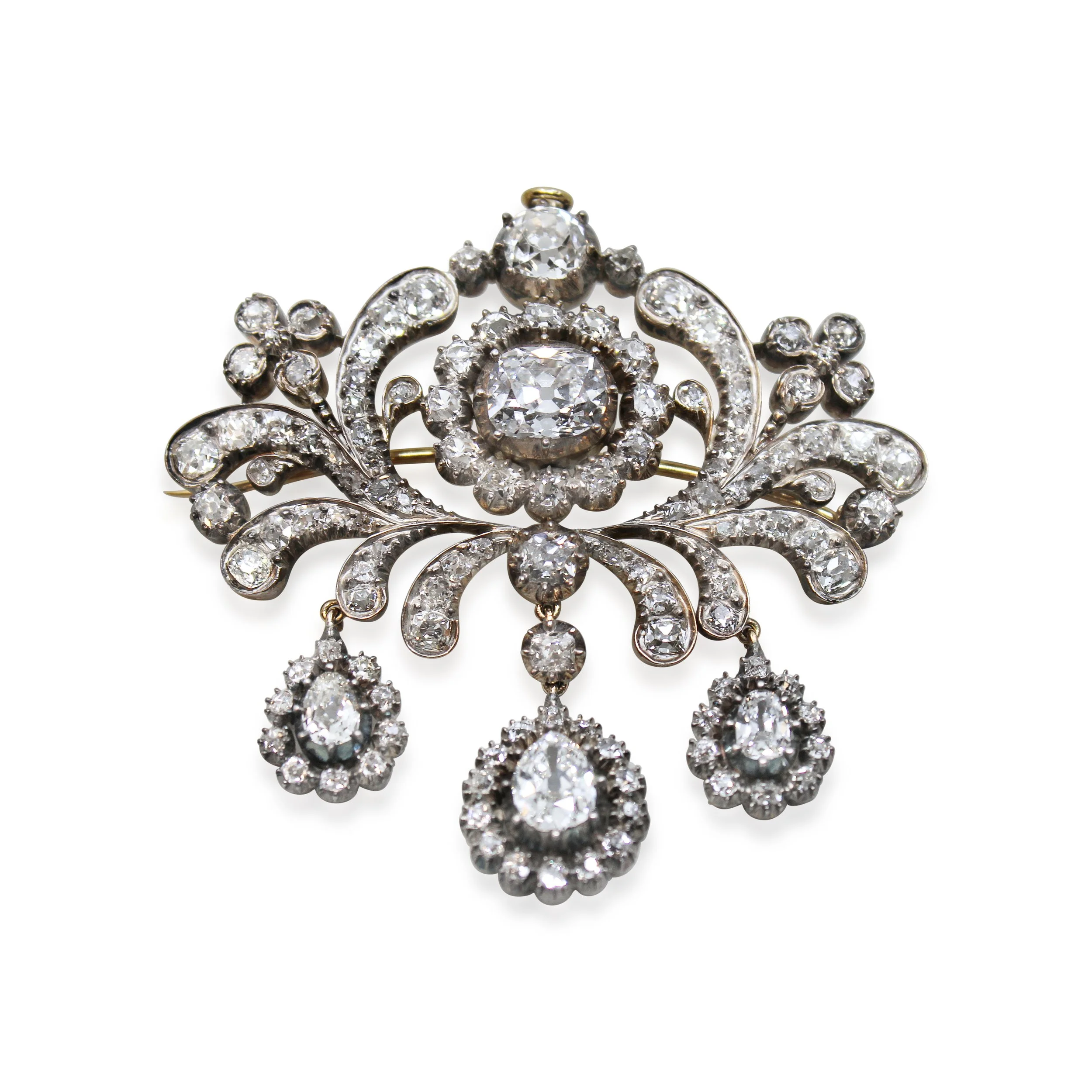 SN7820 - Antique diamond tassel brooch, set throughout with old mine=cut diamonds, to three articulated pear-shaped tassels