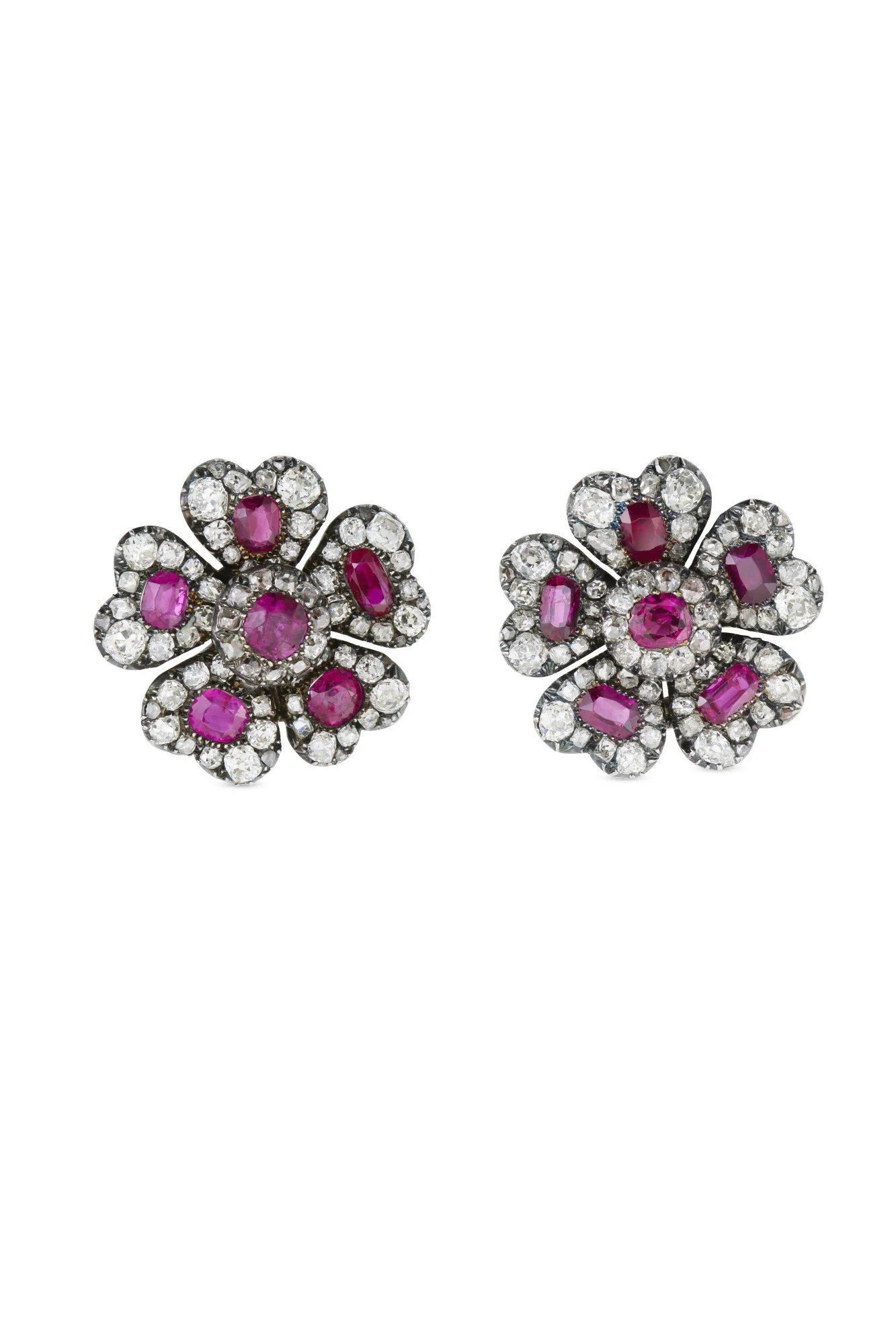 Rare Pair of Mid-19th Century Ruby and Diamond Flowerhead Earclips