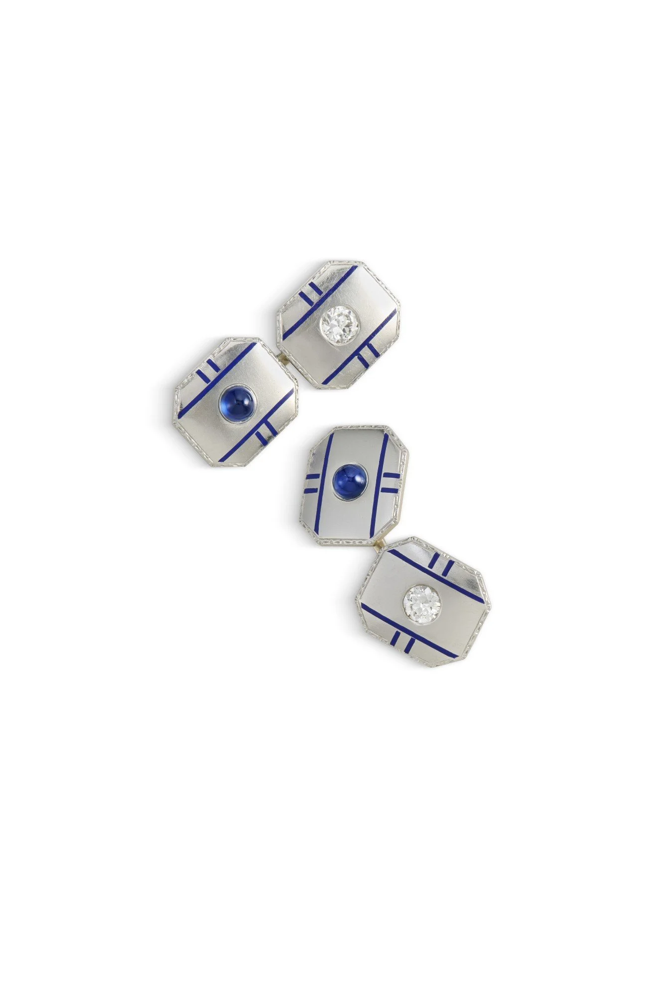 Pair of Cabochon Sapphire, Diamond and Blue Enamel Cufflinks