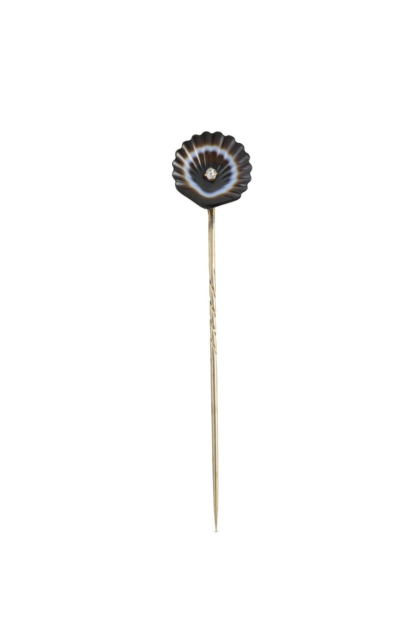 Edwardian Banded Agate and Diamond Shell Stickpin