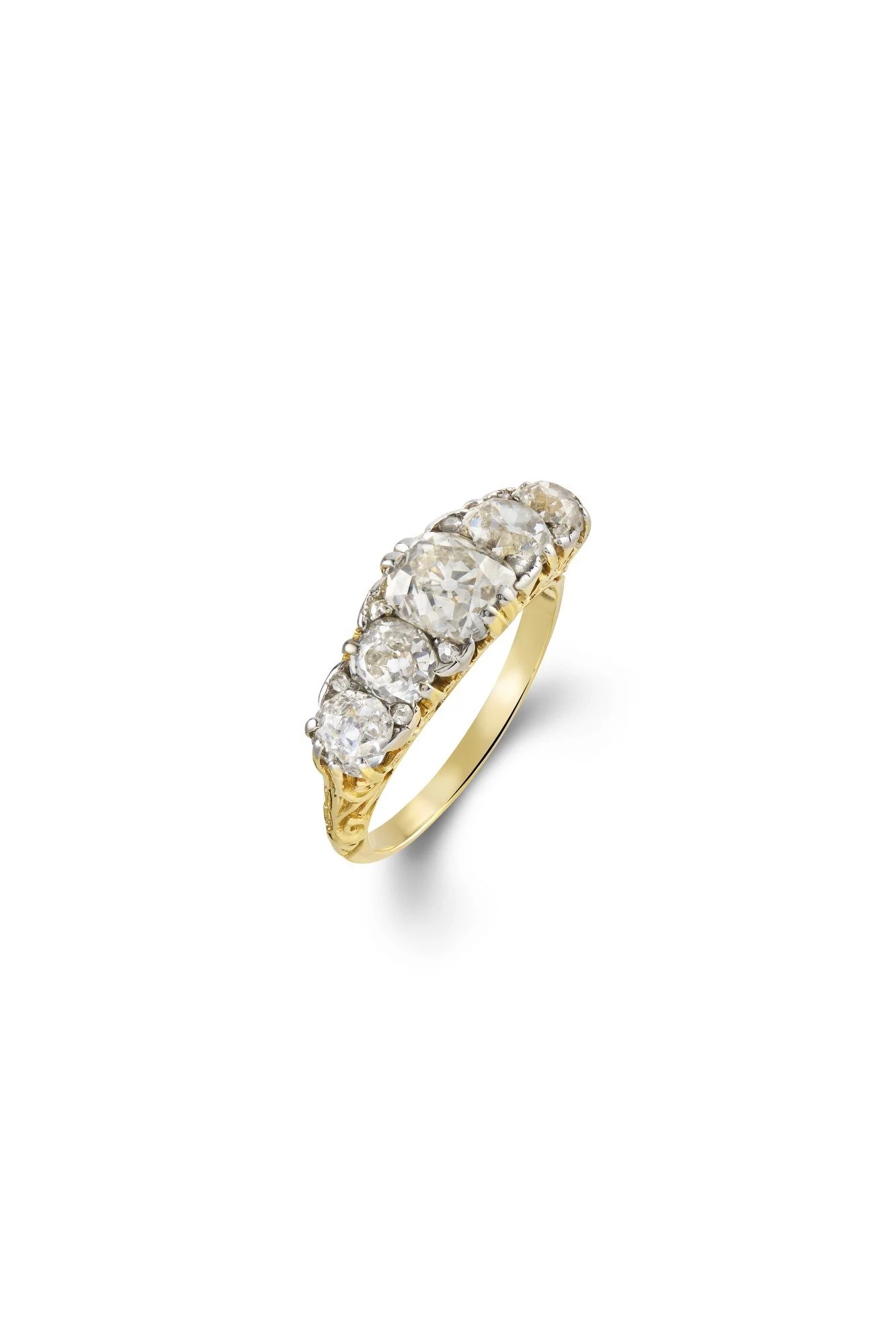 Antique Diamond Five-Stone Carved Half-Hoop Ring