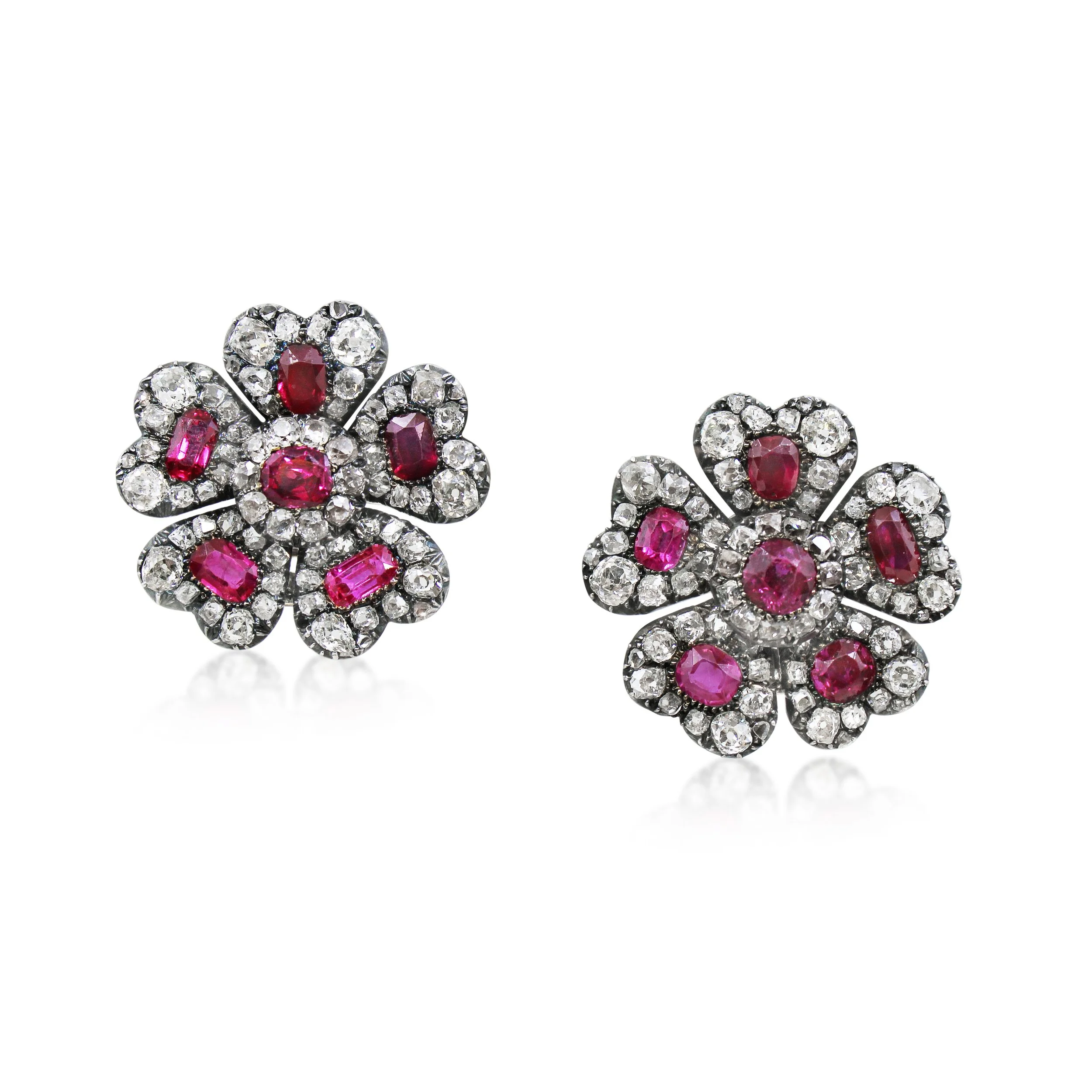 Rare Pair of Mid-19th Century Ruby and Diamond Flowerhead Earclips