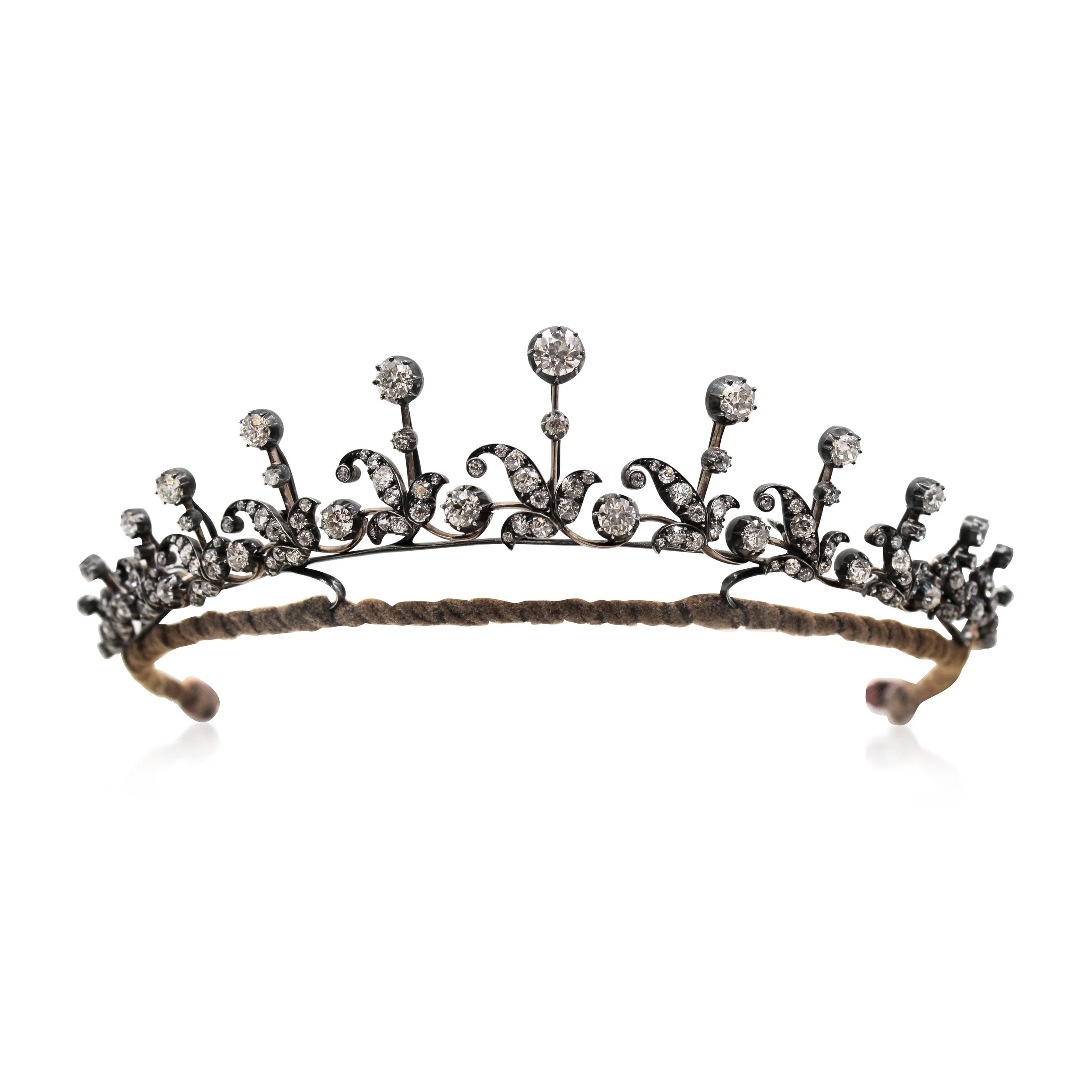 SN7789 - Victorian collet and leaf scroll fringe necklace, suspending thirteen graduated old mine-cut diamonds, mounted in silver and gold, forming a tiara