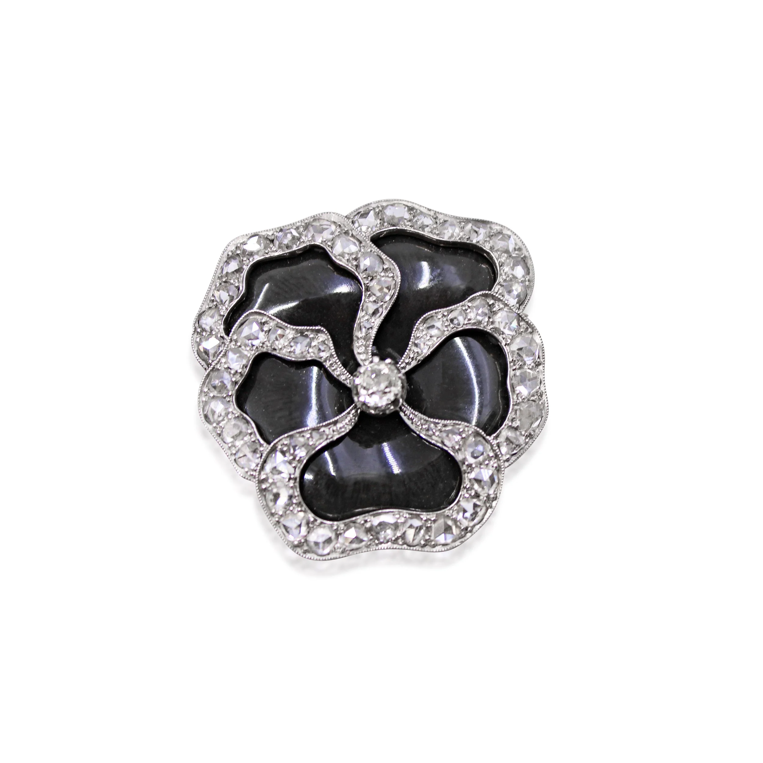 Edwardian Black Enamel and Diamond Pansy Brooch